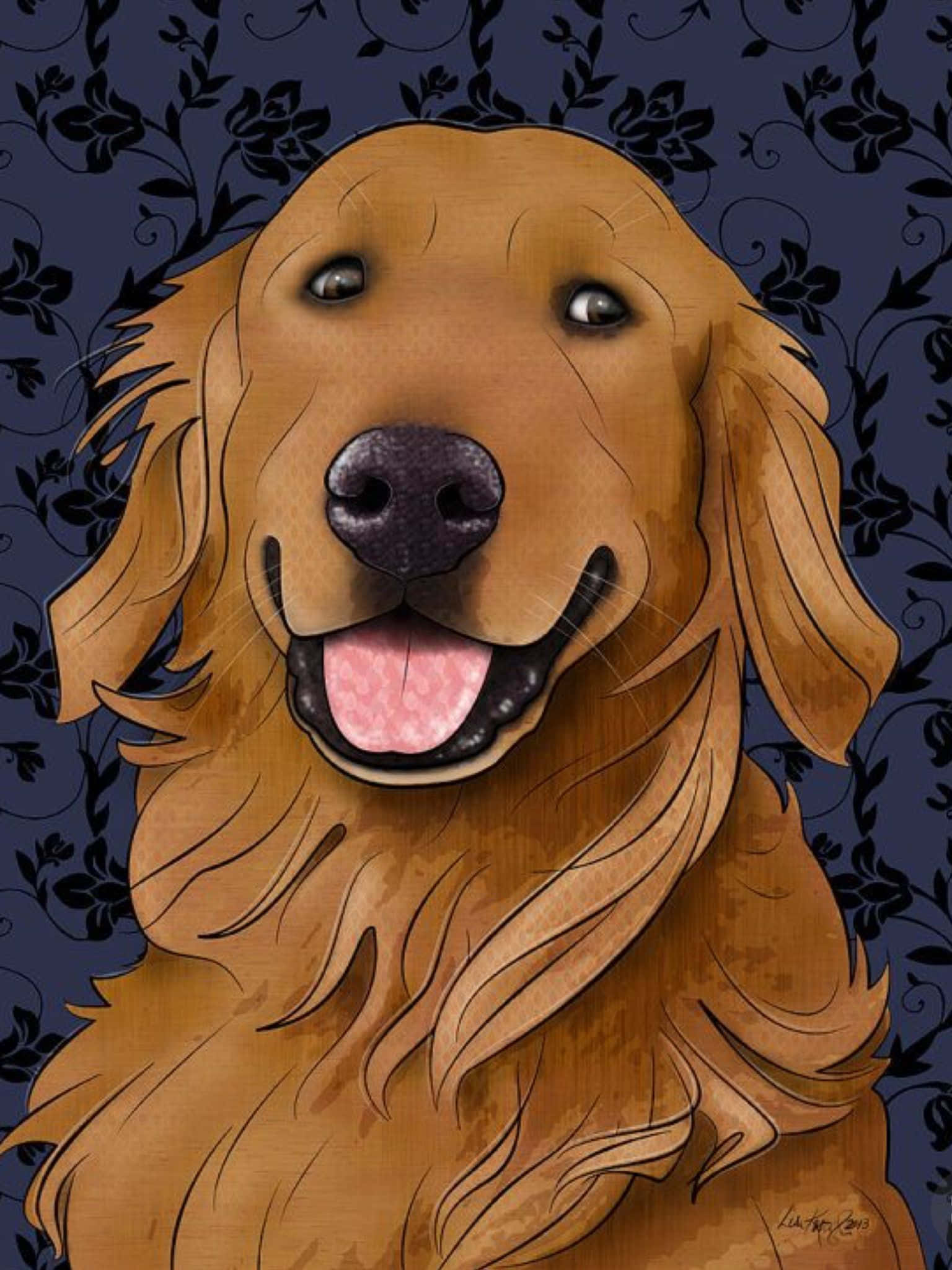 黃金獵犬 桌布 壁紙 — 一隻開心的黃金獵犬伸出粉紅色舌頭，在深藍色花卉壁紙背景前微笑。