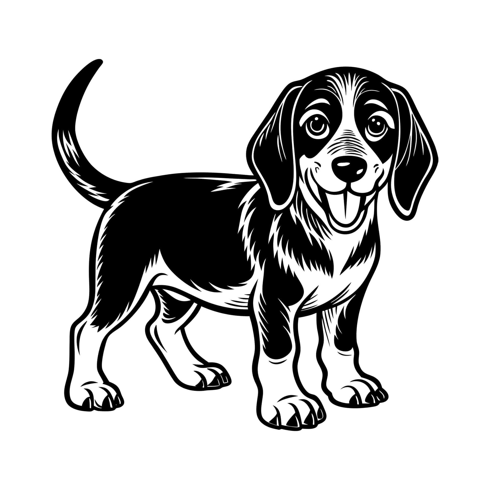 Dog 壁紙 — 一隻開心的黑白卡通比格犬站著微笑，有垂耳和彎曲的尾巴。