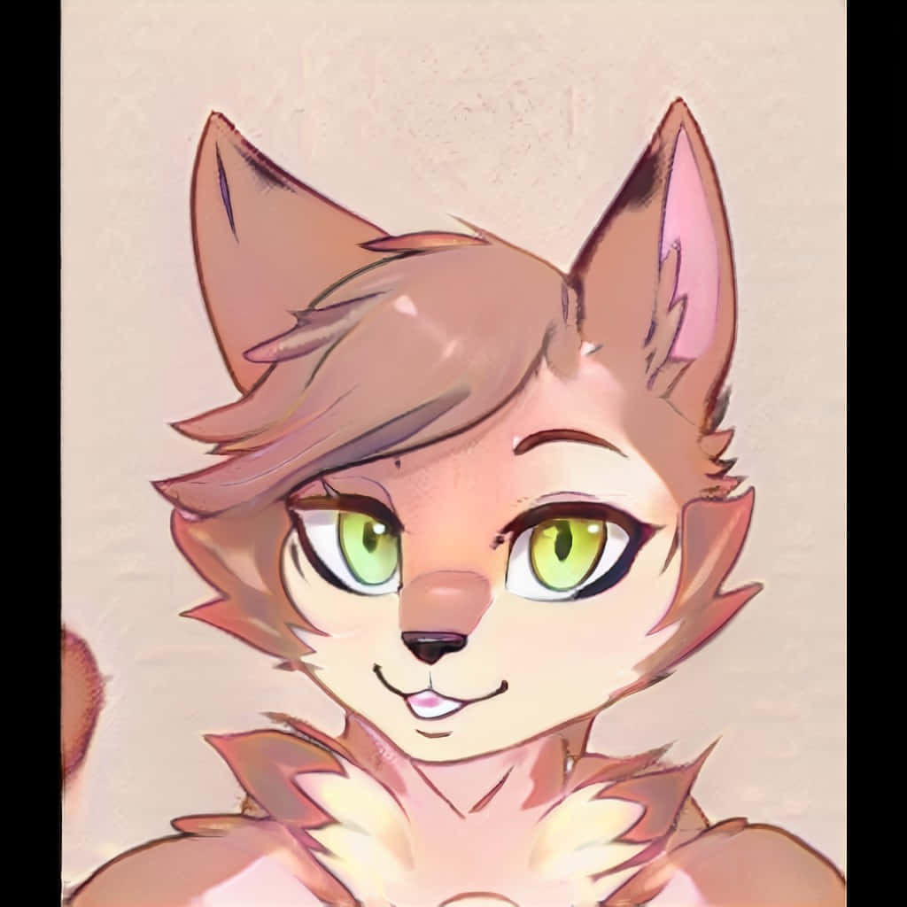 獸人 桌布 壁紙 — 一隻開朗擬人化的狐狸，擁有明亮的綠色眼睛和蓬鬆的棕色毛髮，在柔和的米色背景上溫暖地微笑。