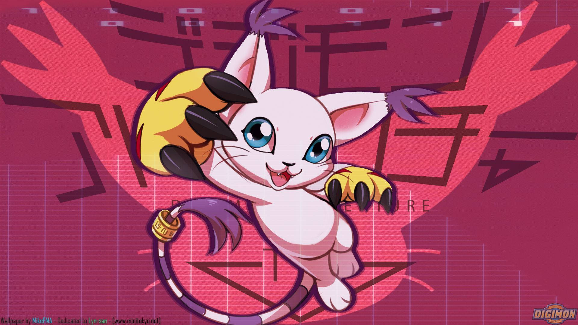 Digimon 桌布 壁紙 — 一隻開朗的白色數碼寶貝，藍色眼睛和黃色手套爪子，在充滿活力的粉紅色數位背景上歡快地跳躍。
