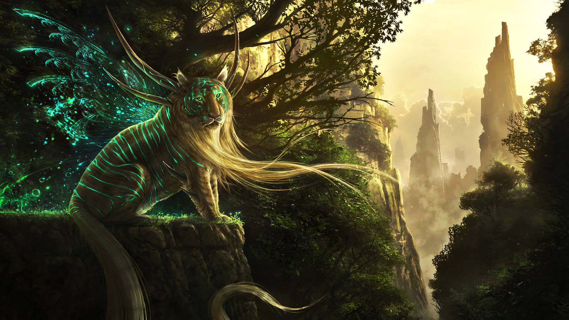 Mythical 桌布 壁紙 — 一隻雄偉發光、擁有空靈綠色翅膀的老虎棲息在懸崖上，俯瞰著沐浴在金色夕陽光芒中的迷霧古老遺跡。