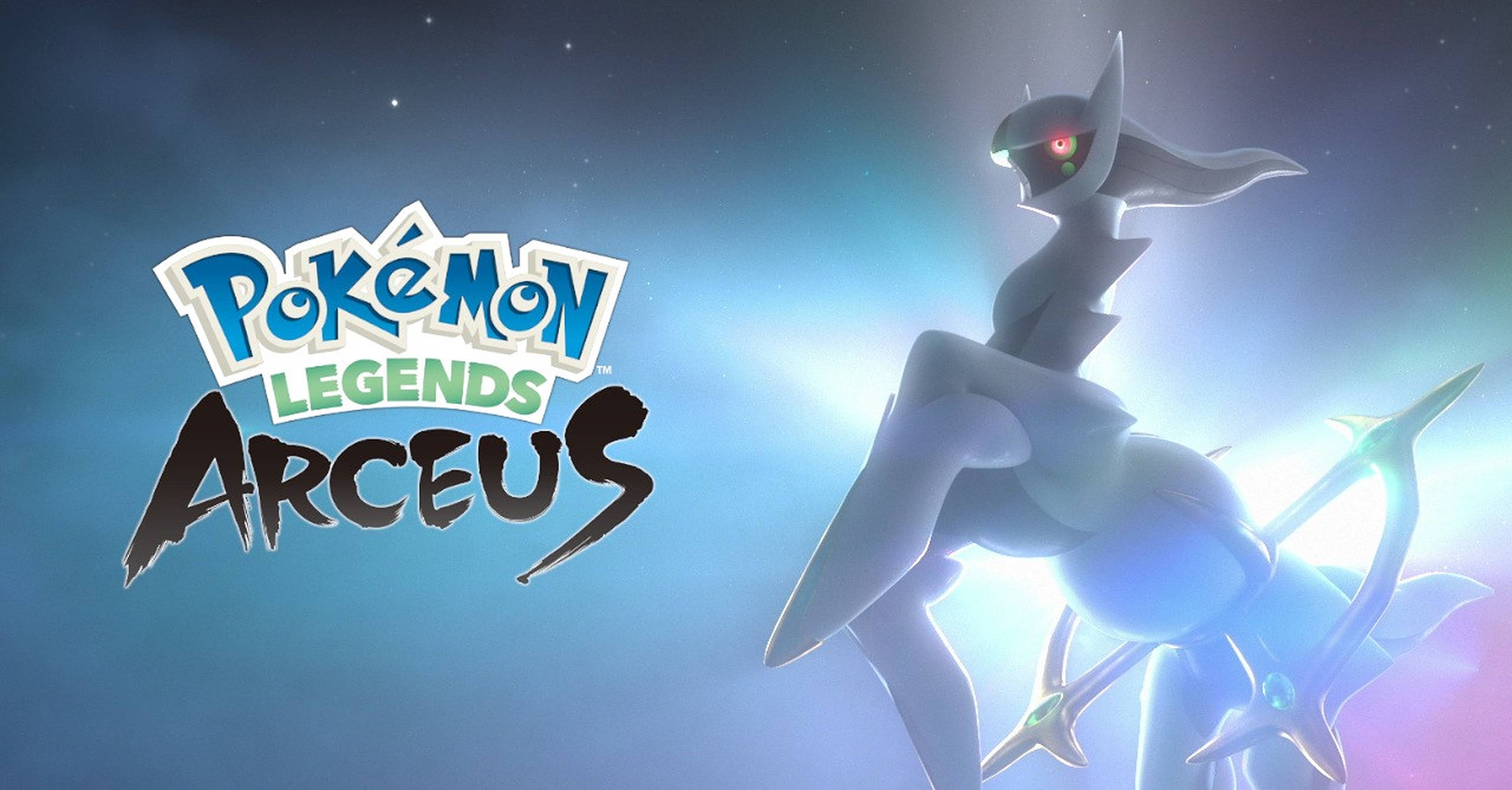Legends 桌布 壁紙 — 一隻雄偉發光的阿爾宙斯在星光璀璨的暮色天空下，站在《寶可夢傳說 阿爾宙斯》標題標誌旁邊。