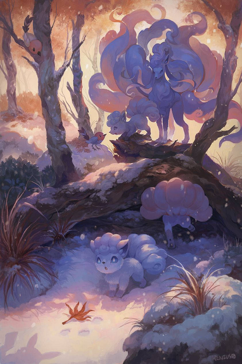 Pokémon 手機 桌布 壁紙 — 一隻雄偉的九尾狐，擁有旋轉的藍色和紫色毛皮，站在冬季森林中一根積雪的圓木上，一隻較小的狐狸敬畏地抬頭仰望。