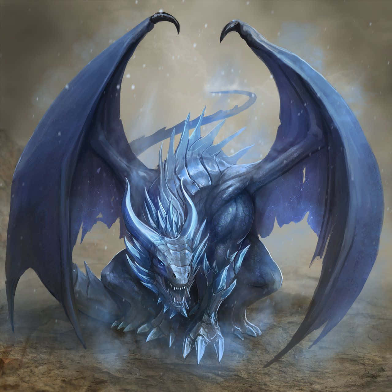 Dragon Profile 桌布 壁紙 — 一隻雄偉的冰龍，帶有尖刺的藍色鱗片和巨大的翅膀，蹲伏在雪景中，發光的眼睛直視前方。