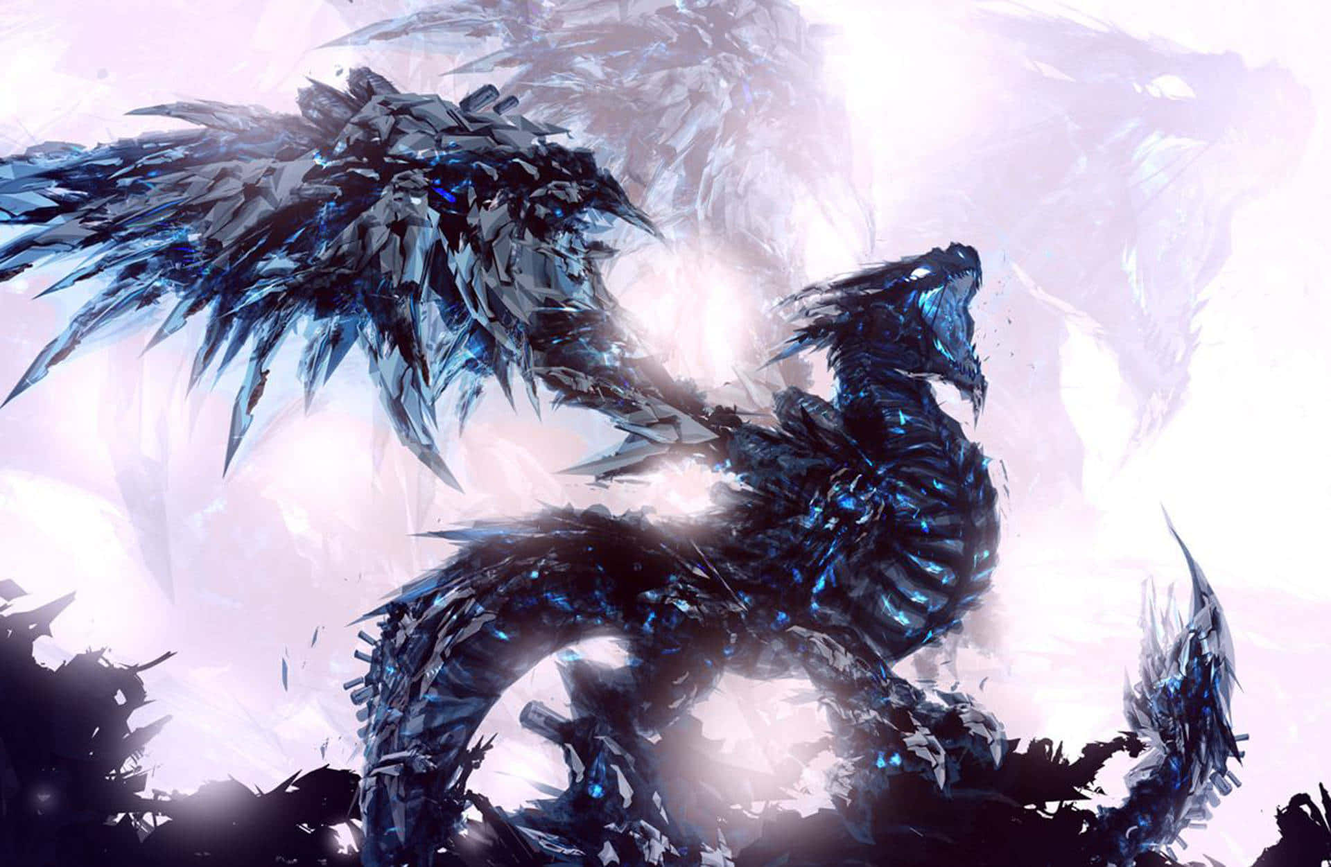 Epic Dragon 桌布 壁紙 — 一隻雄偉的冰龍，擁有水晶翅膀和發光的藍色眼睛，對著冰冷、空靈的天空咆哮。