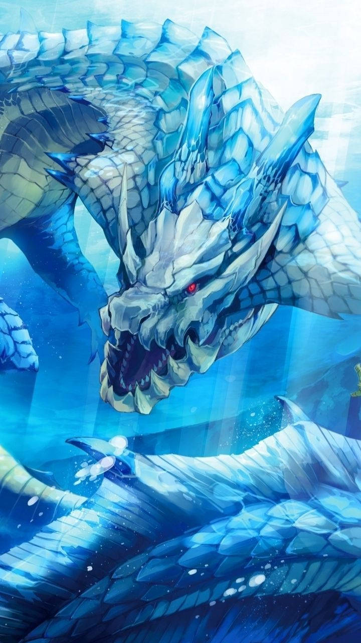 monster hunter iPhone 桌布 壁紙 — 一隻雄偉的冰龍，擁有發光的紅色眼睛和水晶鱗片，潛入深藍色的水下領域。
