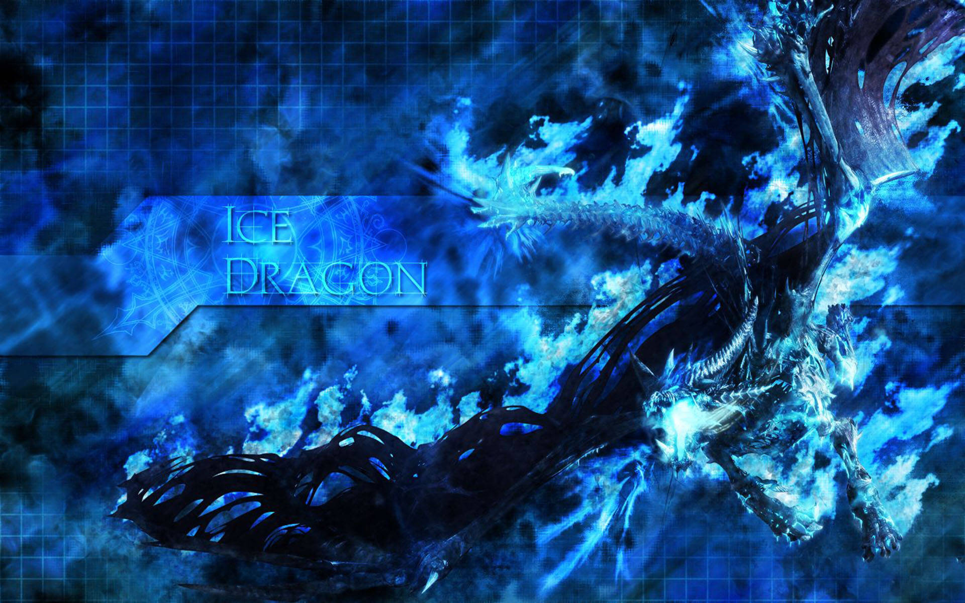 Ice Dragon 桌布 壁紙 — 一隻雄偉的冰龍，擁有發光的藍色鱗片和冰霜翅膀，在旋轉的藍色能量風暴中翱翔。