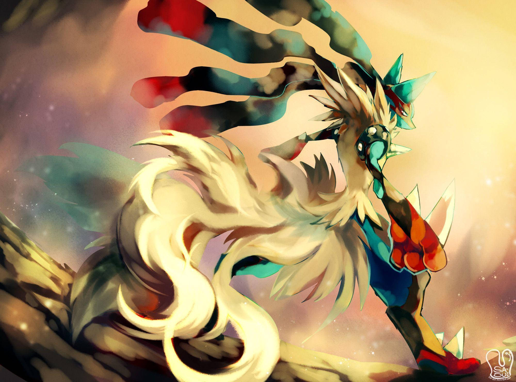 Lucario 桌布 壁紙 — 一隻雄偉的動漫風格鳳凰，擁有流動的白色羽毛和鮮豔的紅色及藍綠色點綴，在溫暖發光的天空中翱翔。