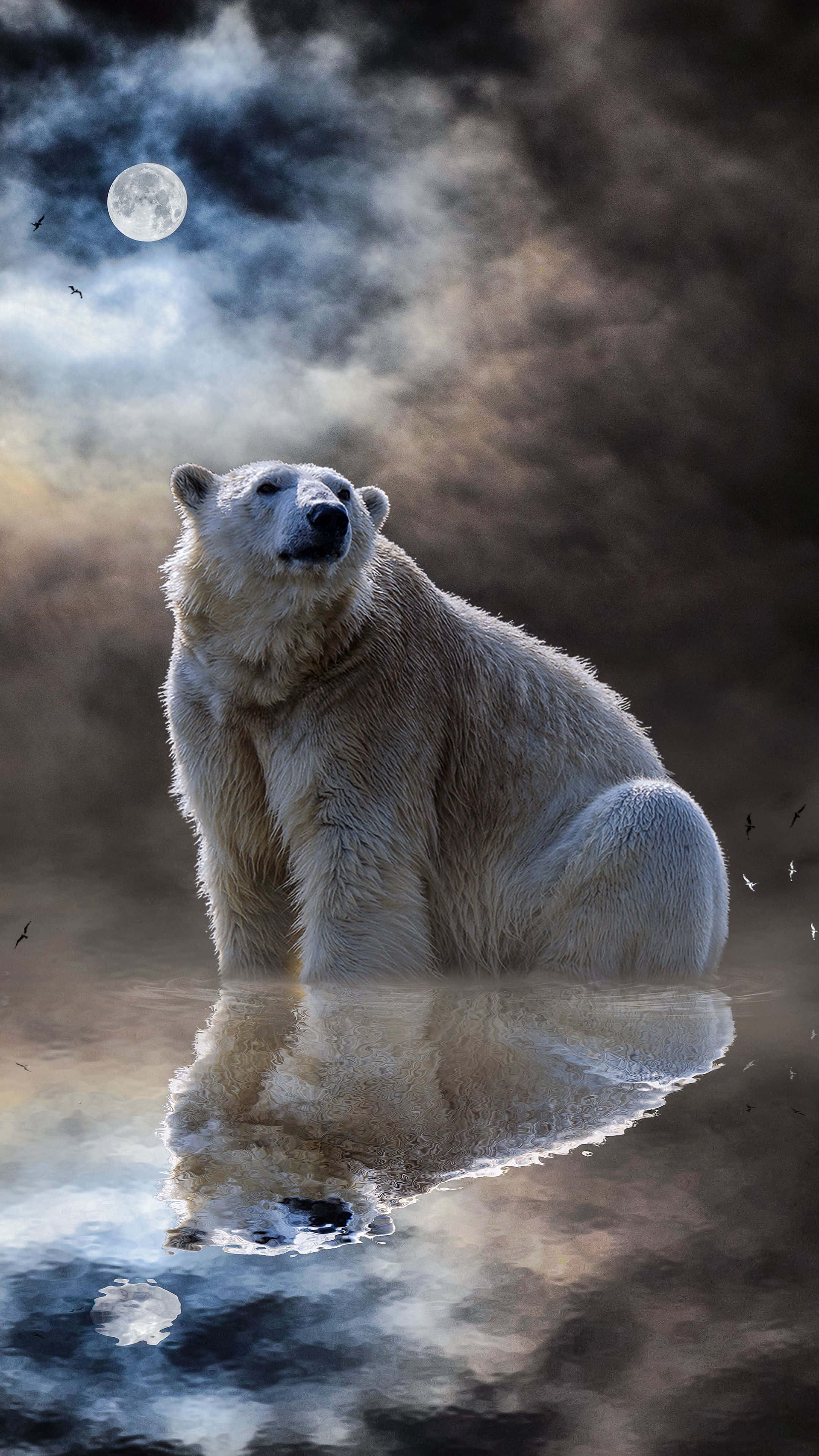 Cool Bear 桌布 壁紙 — 一隻雄偉的北極熊坐在霧氣瀰漫的水中，滿月下其倒影在下方閃爍。