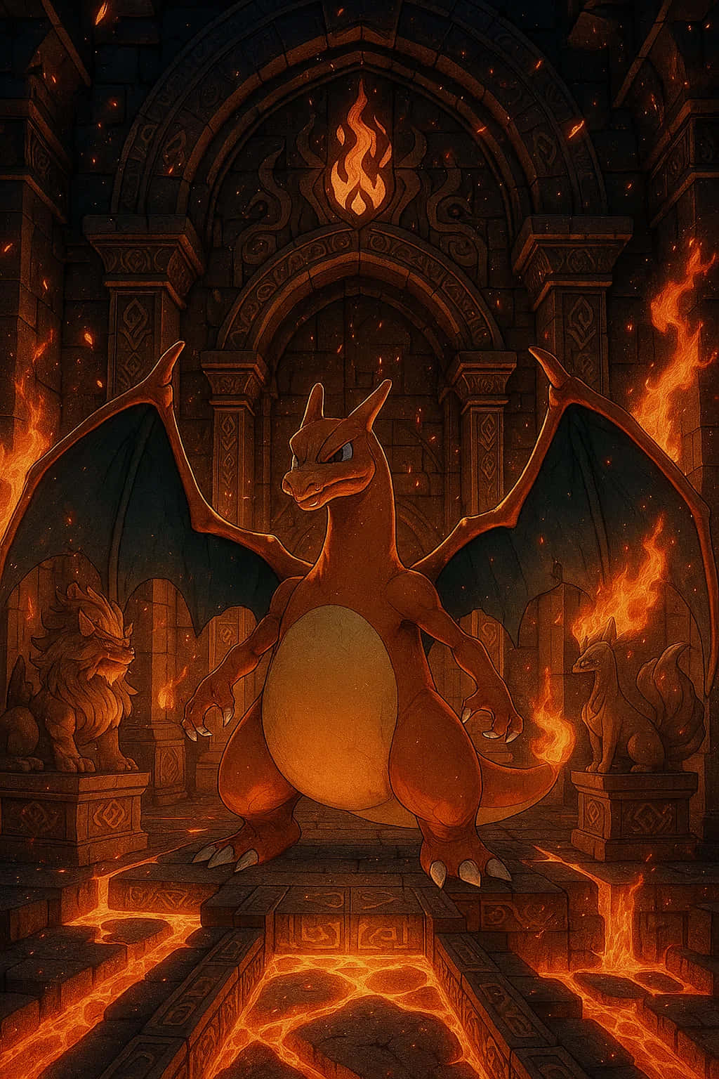 Charizard Pokemon HD Wallpaper WEBP 4K Background Download 壁紙 — 一隻雄偉的噴火龍站在一個燃燒的石廟中，發光的熔岩地板和火焰火炬投射出橙色的光芒。