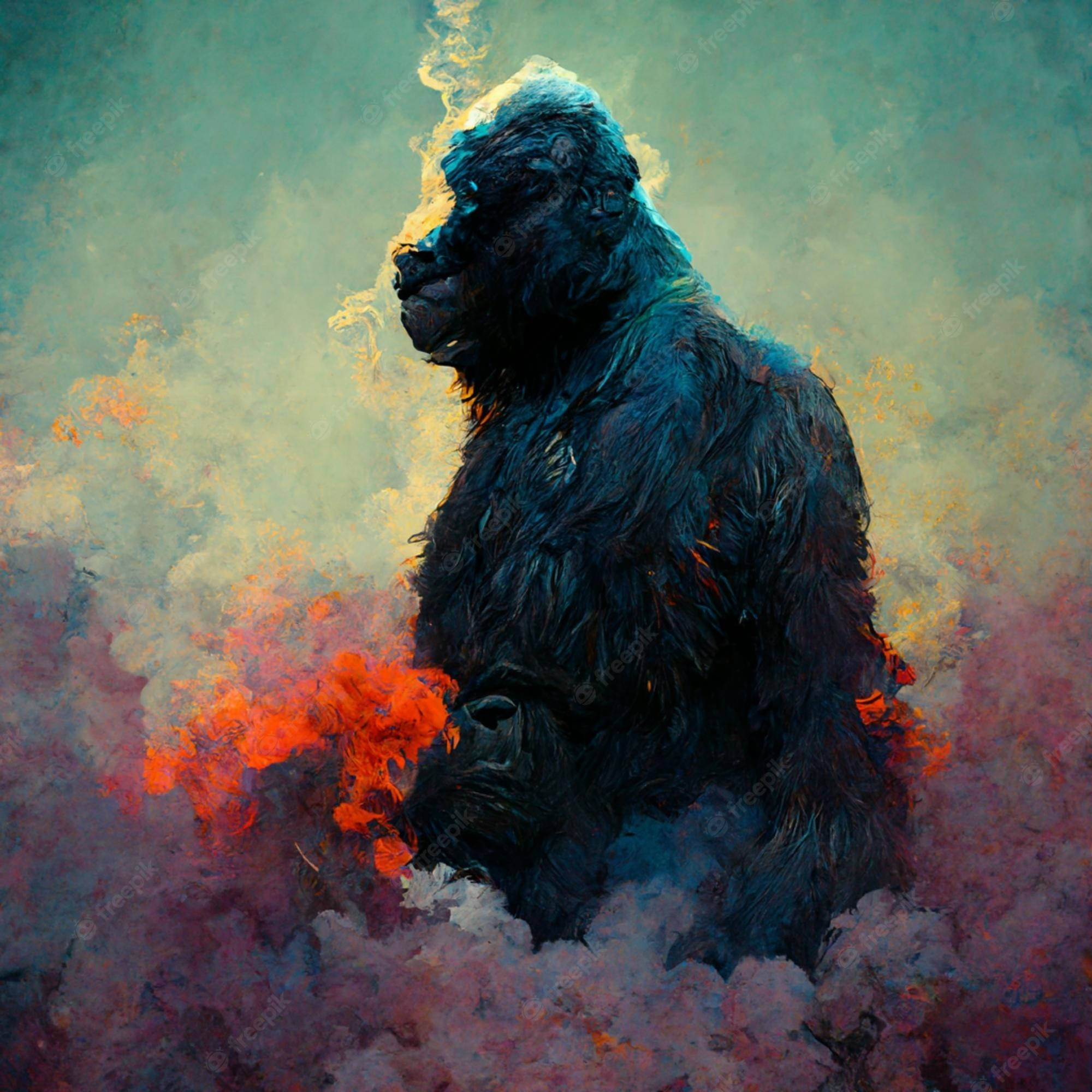 Gorilla 桌布 壁紙 — 一隻雄偉的大猩猩剪影從火橙色和冷青色煙霧的漩渦雲中浮現。
