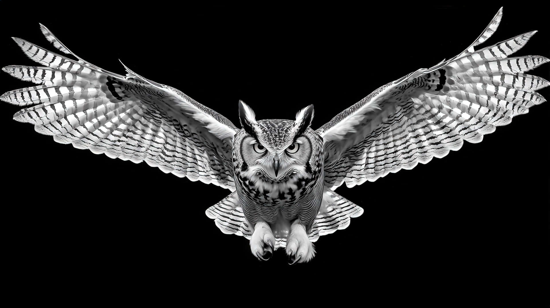 A striking black and white image of an owl in mid-flight with fully extended wings 壁紙 — 一隻雄偉的大角鴞在純黑背景下展翅翱翔，呈現高對比度的黑白影像。