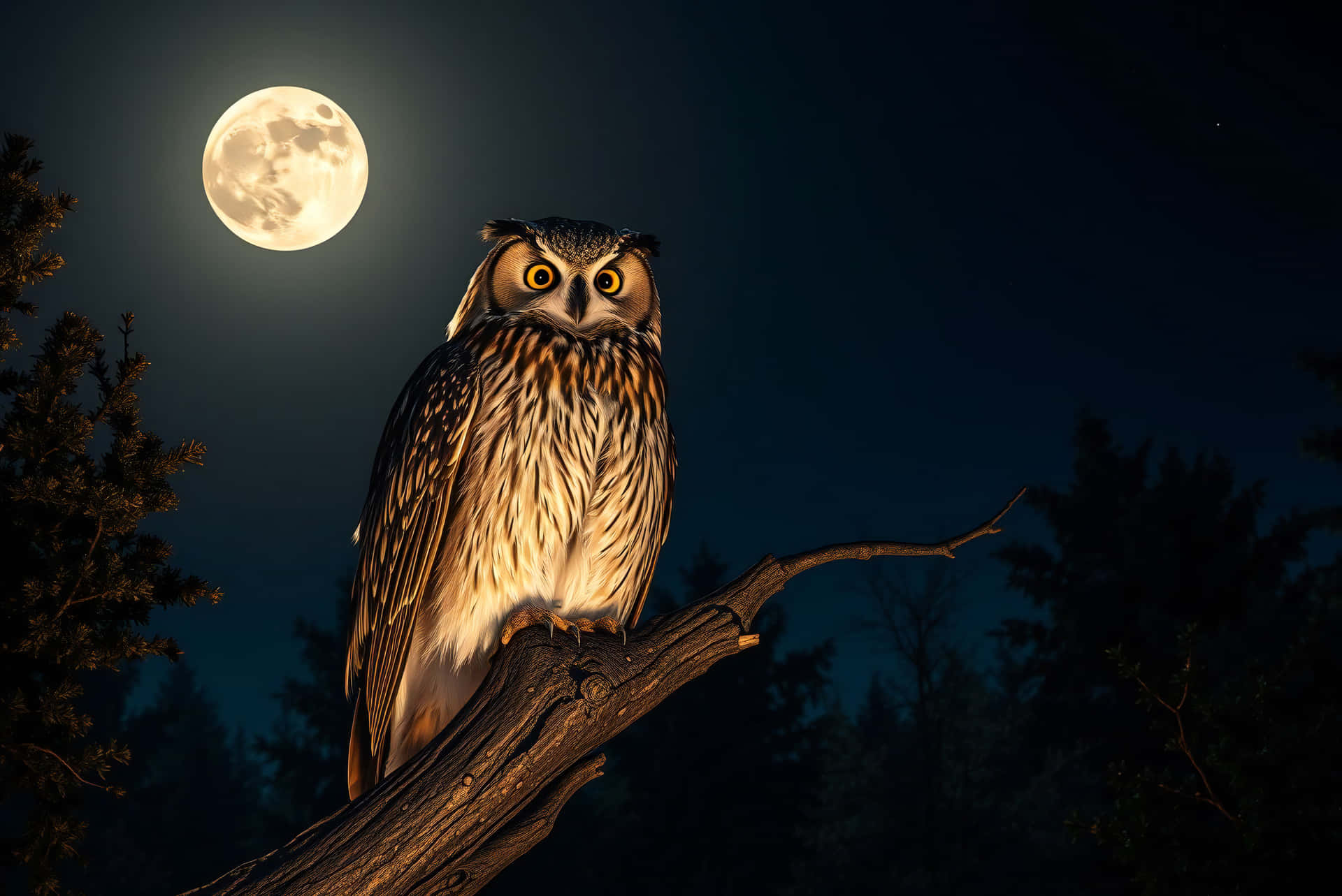 Owl 壁紙 — 一隻雄偉的大角鴞棲息在黑暗森林中一輪明亮滿月下的多節樹枝上。