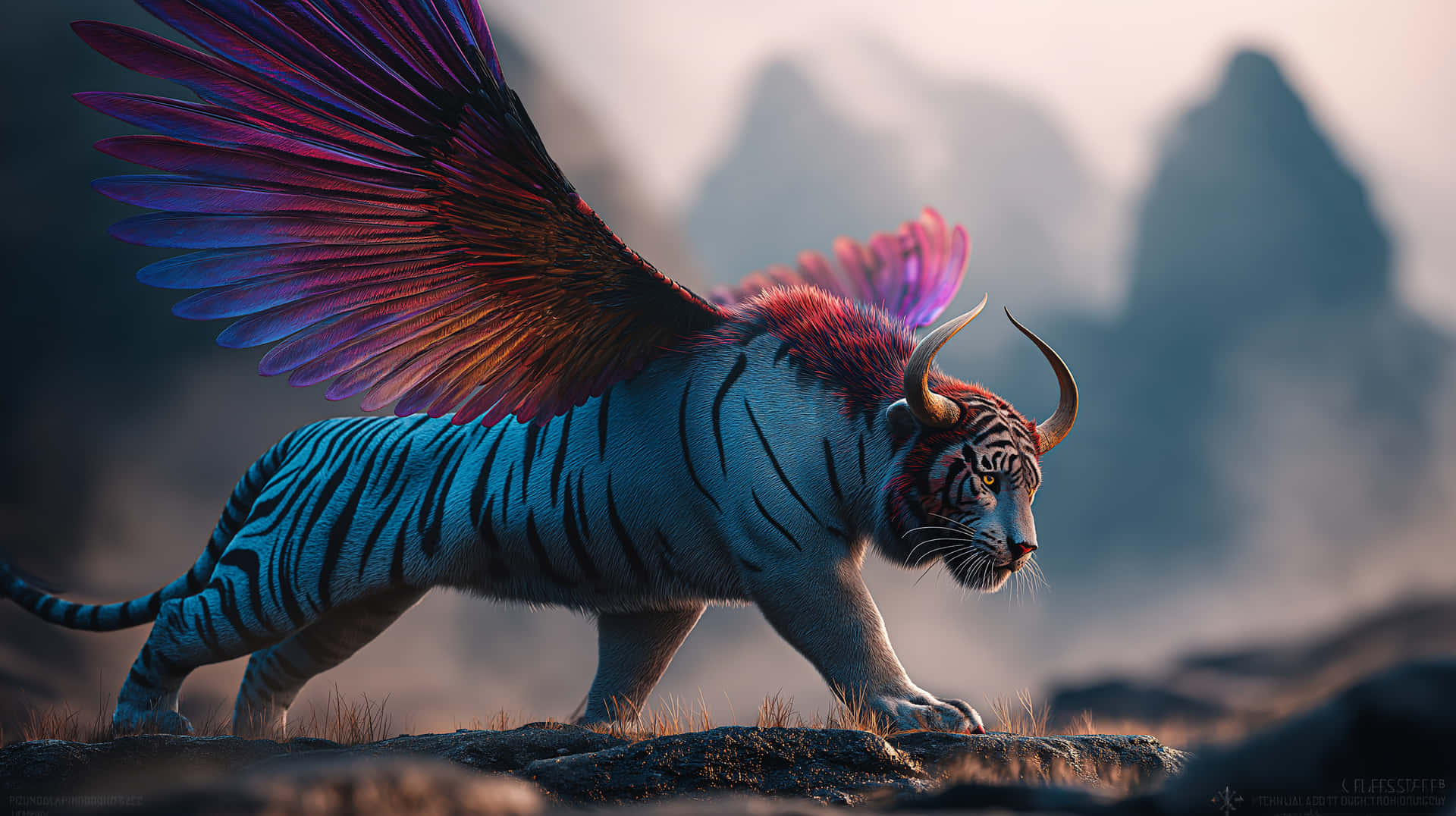 Mythical Striped Beast with Horns and Vibrant Wings 壁紙 — 一隻雄偉的帶翼老虎，擁有紫色和藍色的羽毛，在岩石地形上大步前行，背景是霧氣繚繞的山脈。