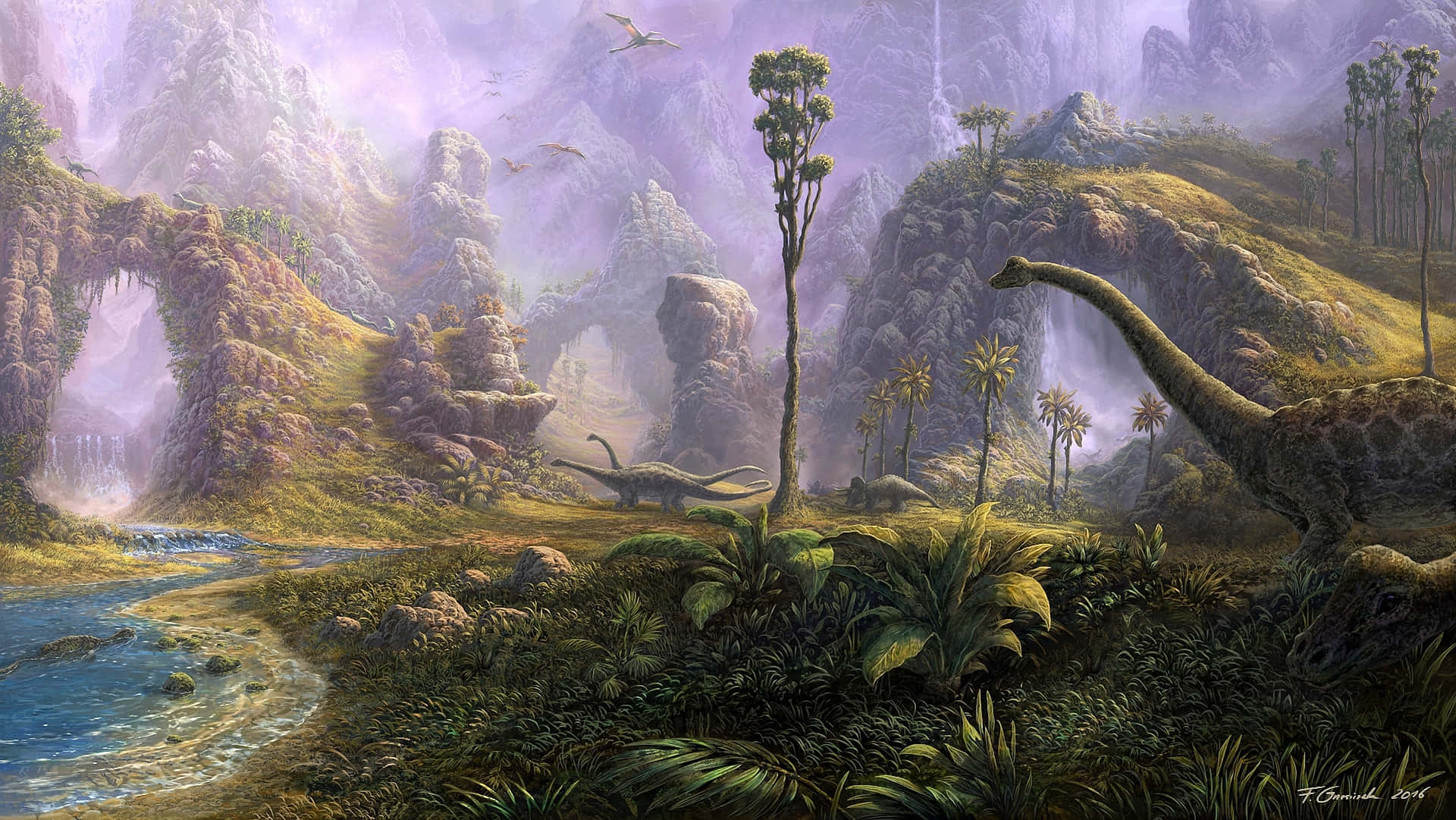 Realistic Dinosaur 桌布 壁紙 — 一隻雄偉的恐龍漫步在茂密的史前山谷中，山谷中有高聳的懸崖、瀑布和飛行的爬行動物，天空籠罩著迷濛的紫色。