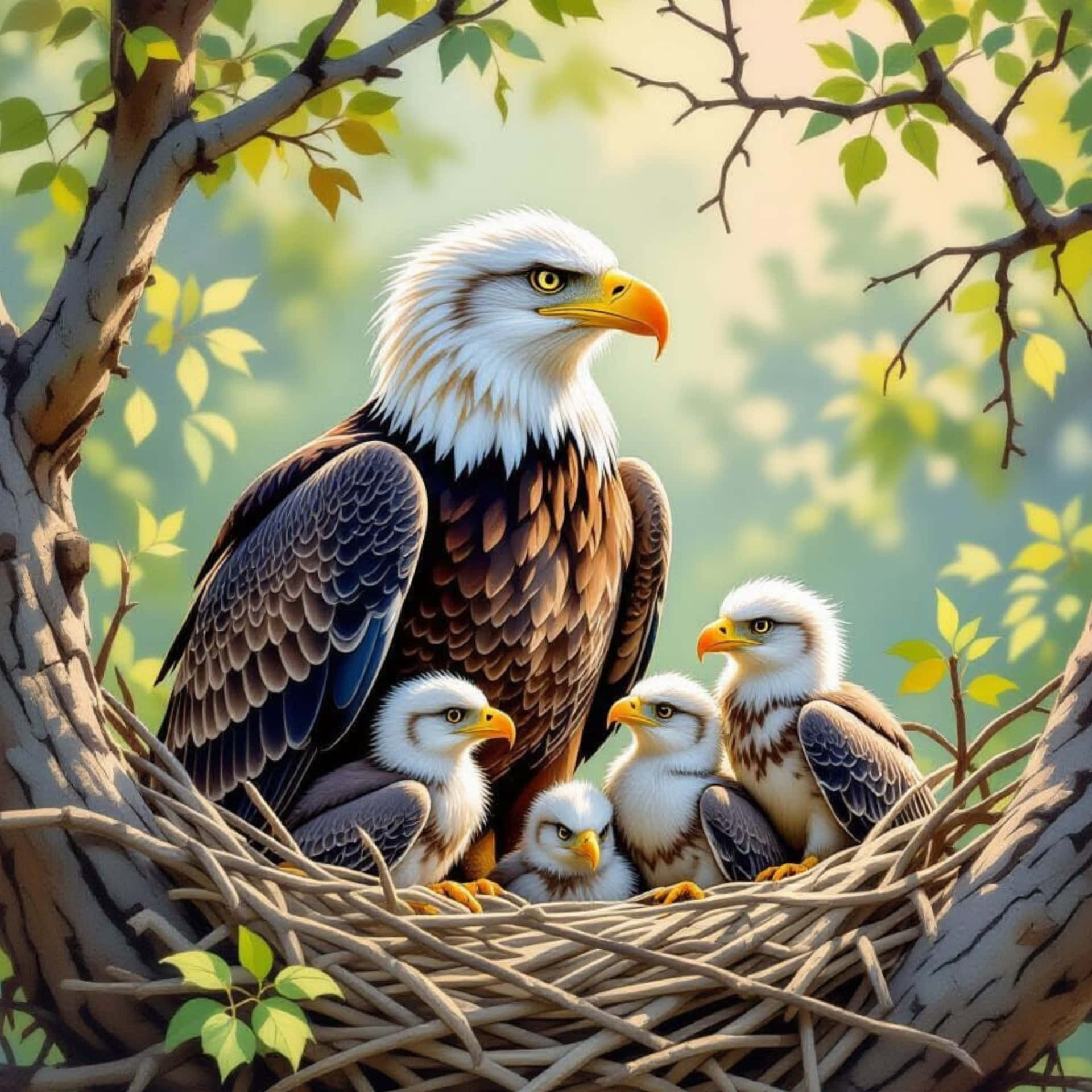 An illustration featuring an eagle in the nest with eagle chicks. 壁紙 — 一隻雄偉的成年白頭鷹，白色頭部和黃色喙，保護性地坐在一個編織的巢中，巢內有四隻毛茸茸的雛鳥，周圍是綠葉和樹枝。
