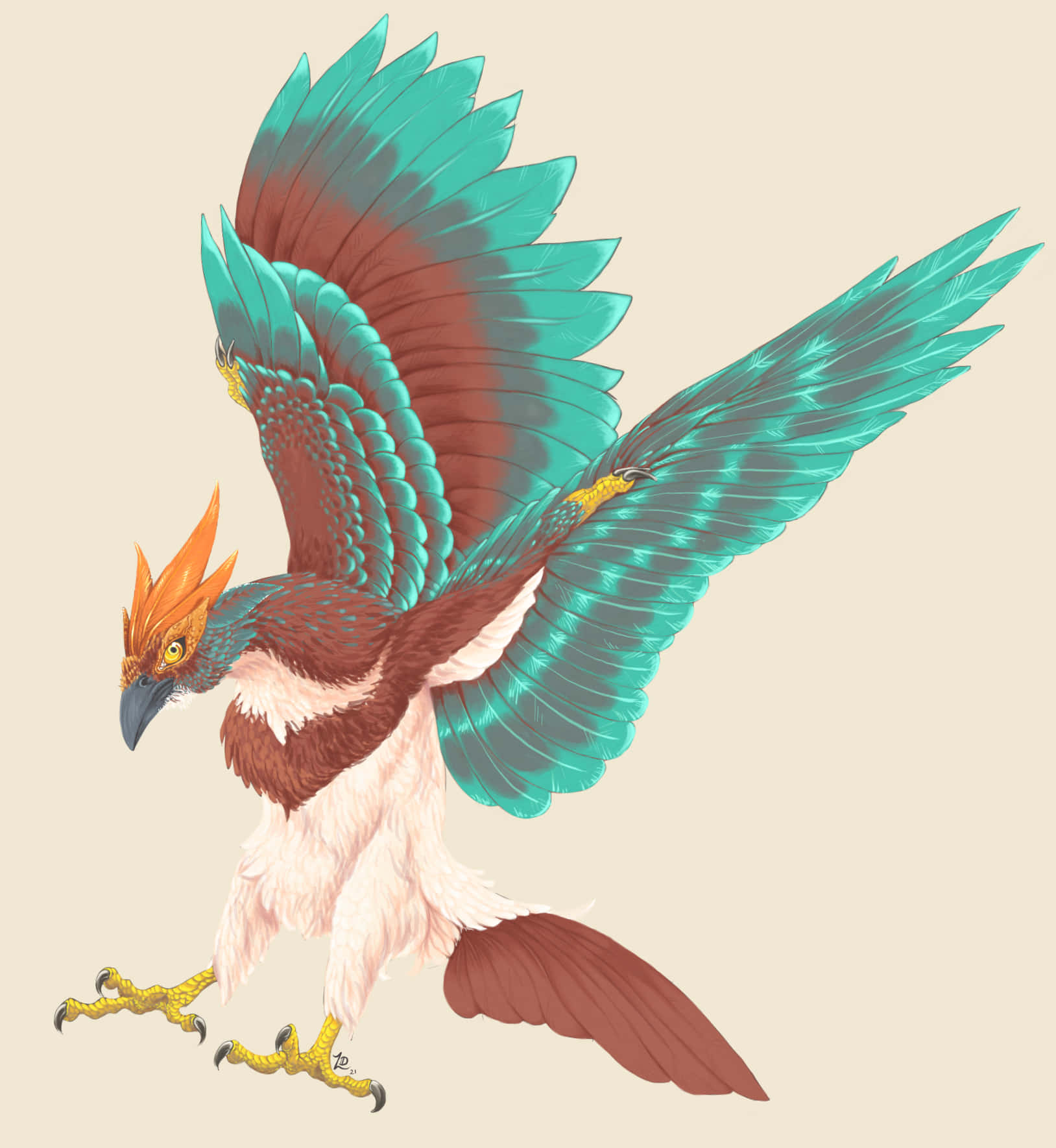 Eagle 桌布 壁紙 — 一隻雄偉的插圖鳥，有著藍綠色和棕色的翅膀，在米色背景上展開。