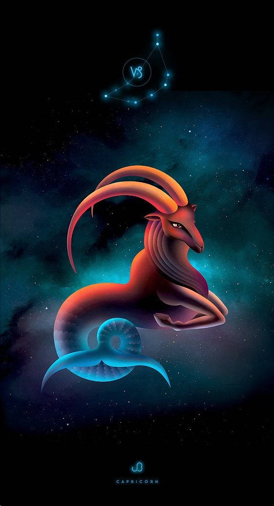 摩羯座 桌布 壁紙 — 一隻雄偉的摩羯座星座生物，擁有山羊頭和魚尾，在星光燦爛的宇宙背景和星座輪廓中閃耀。