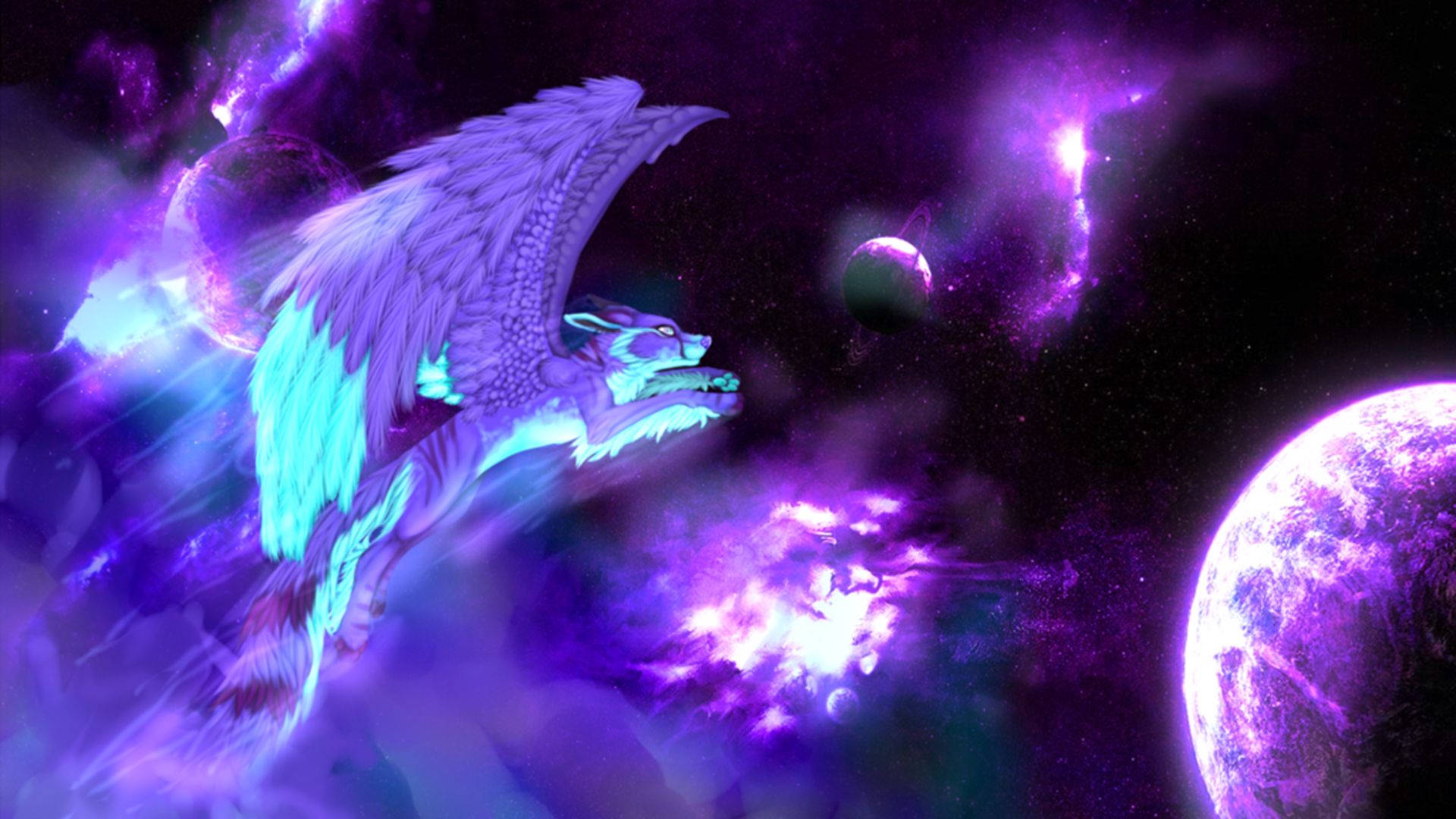 一隻發光的有翼狼飛過帶有行星的紫色宇宙星雲。 — 可愛的銀河動圖 壁紙