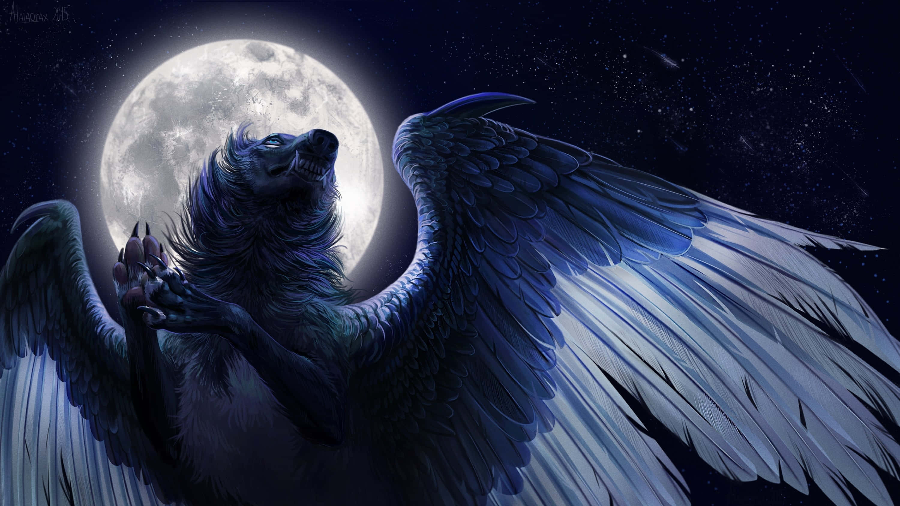 Winged Wolf 桌布 壁紙 — 一隻雄偉的有翼狼在繁星點點的夜空下，對著明亮的滿月嚎叫。