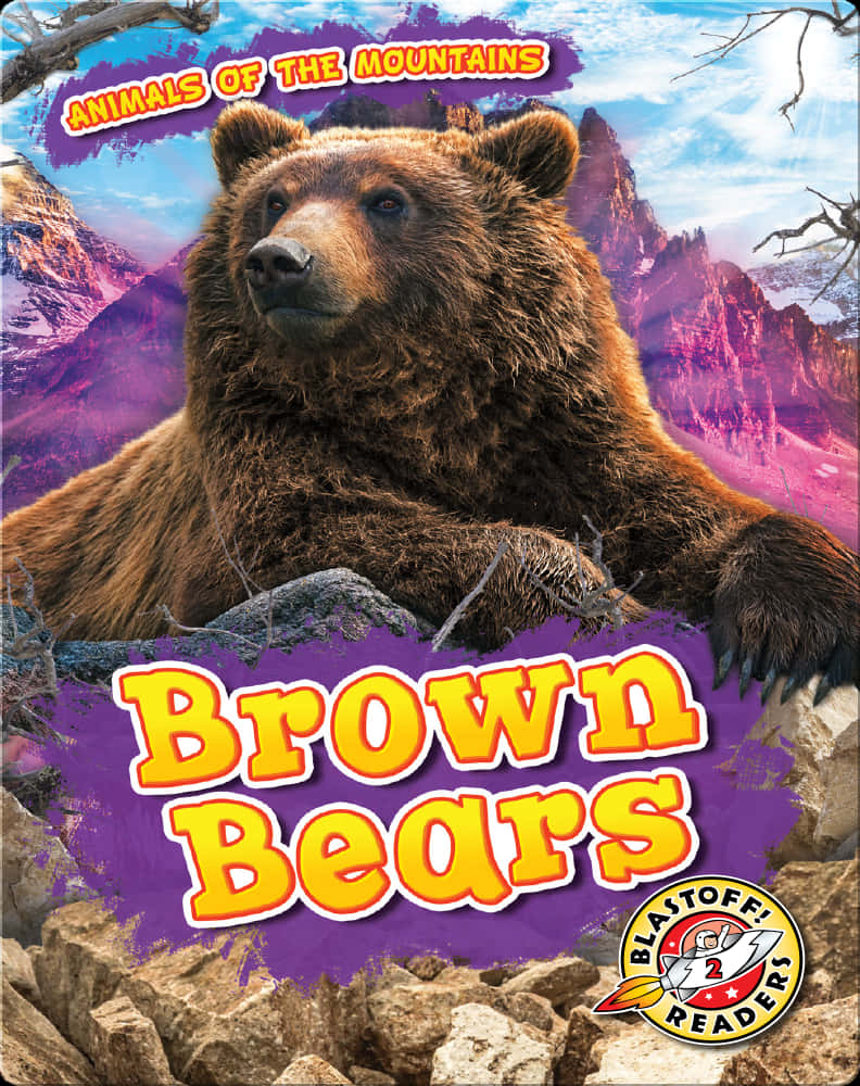 Brown Bears 桌布 壁紙 — 一隻雄偉的棕熊在岩石地形上休息，背景是充滿活力的紫色和藍色山脈。