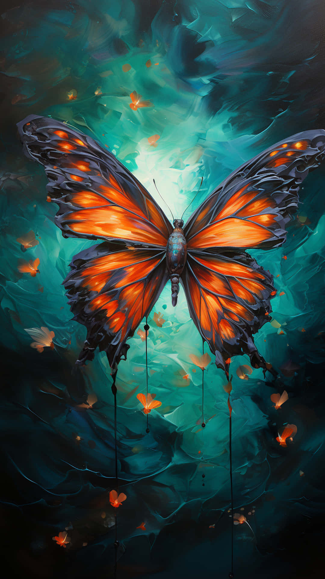 butterfly and colourful neon background 壁紙 — 一隻雄偉的橙色和黑色蝴蝶，翅膀發光，從旋轉的藍綠色和深藍色宇宙背景中浮現，周圍有較小的蝴蝶漂浮。
