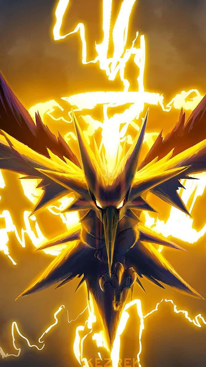 Pokémon 手機 桌布 壁紙 — 一隻雄偉的深色鳥，擁有尖刺翅膀和發光的眼睛，在火熱的天空中散發出強烈的金色閃電。