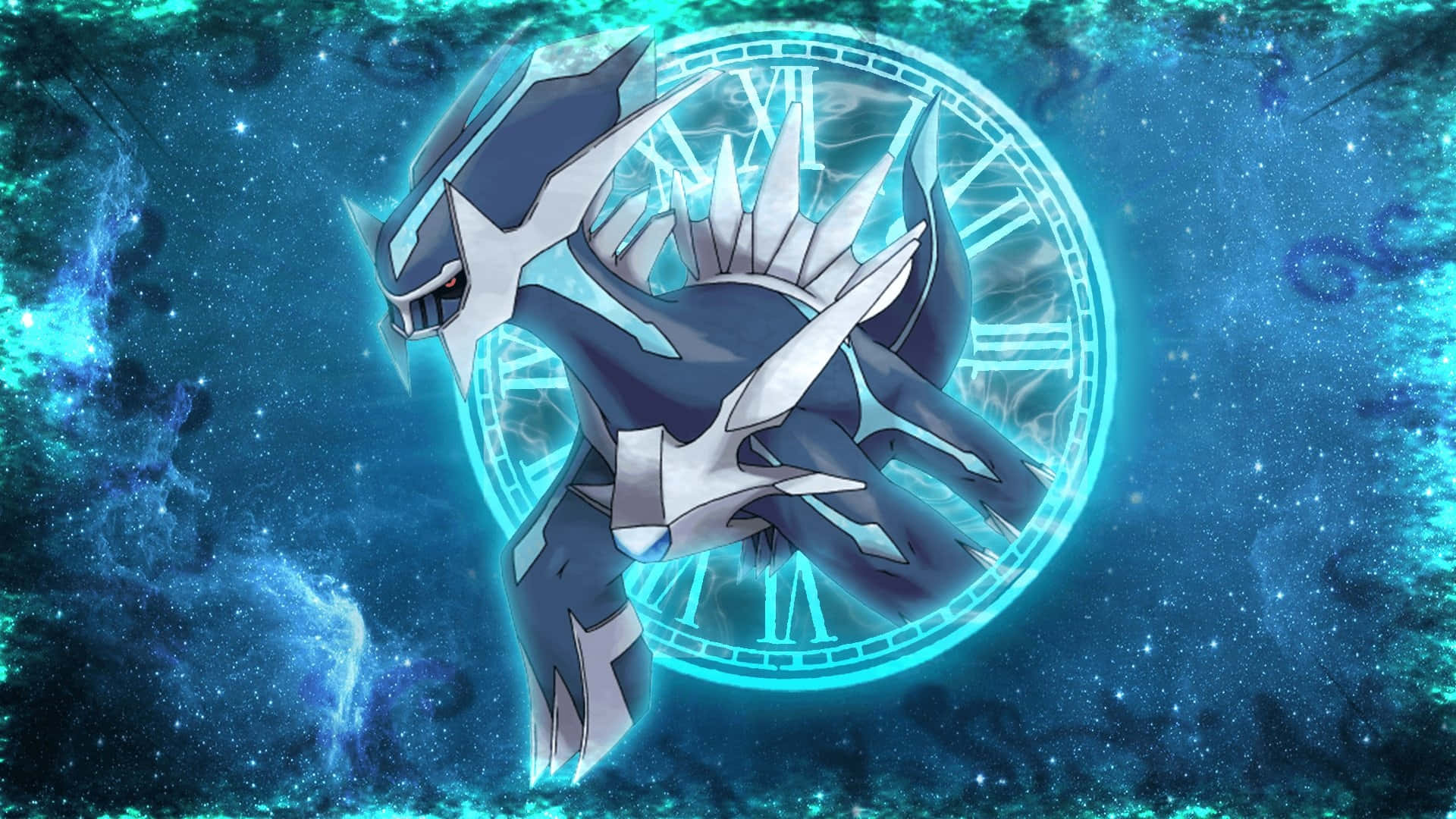 Dialga 桌布 壁紙 — 一隻雄偉的深藍色和銀色龍形寶可夢，帶有鋒利的尖刺和發光的眼睛，懸浮在一個發光的羅馬數字時鐘前，背景是星光閃爍的宇宙藍綠色星雲。