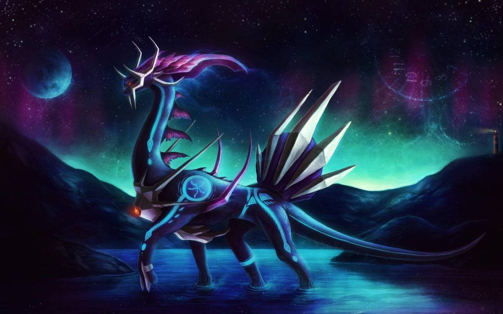 動態桌面 桌布 壁紙 — 一隻雄偉的深藍色龍，帶有發光的青色點綴，站在發光的水中，下方是帶有月亮的星空紫色和綠色天空。