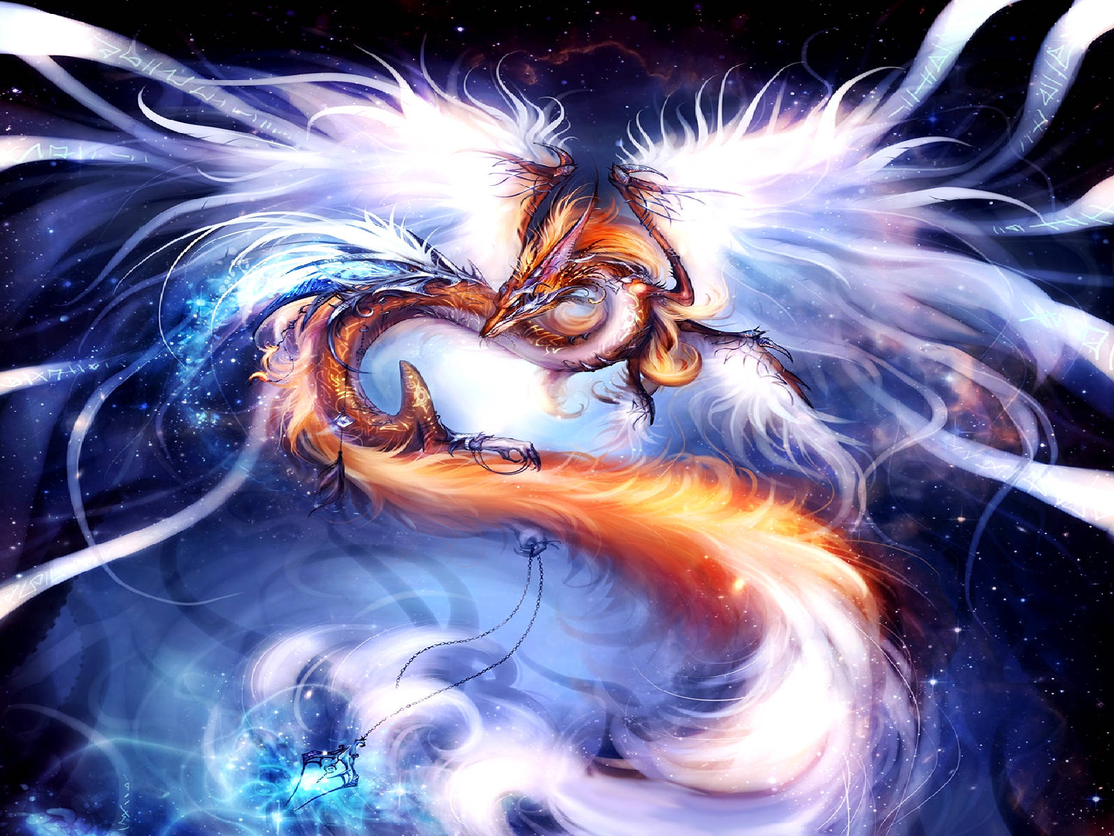 藝術 桌布 壁紙 — 一隻雄偉的火焰狐狸，擁有發光的翅膀和宇宙能量，在繁星點點的夜空中旋轉。