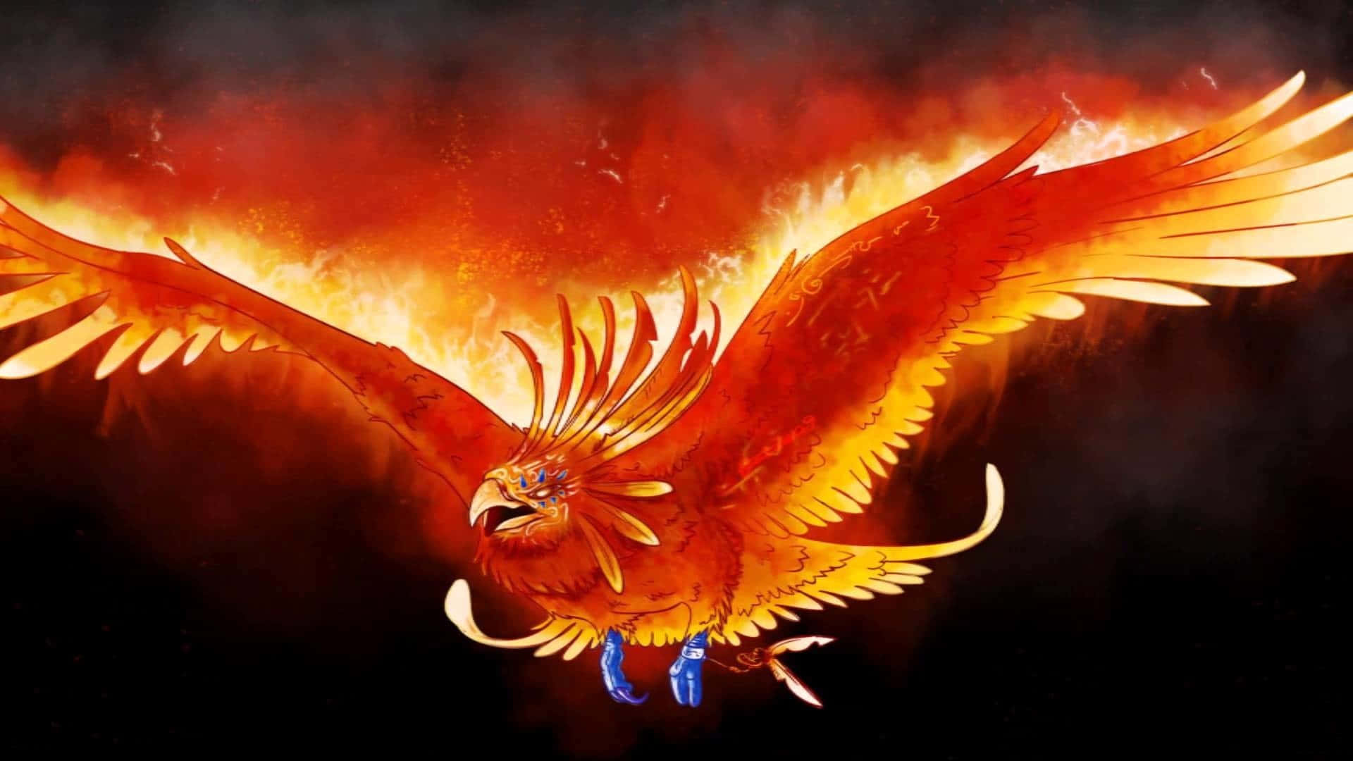 一隻神話中的鳳凰，擁有火焰般的橙色翅膀，在火焰中翱翔。 — 鳳凰 GIF 壁紙