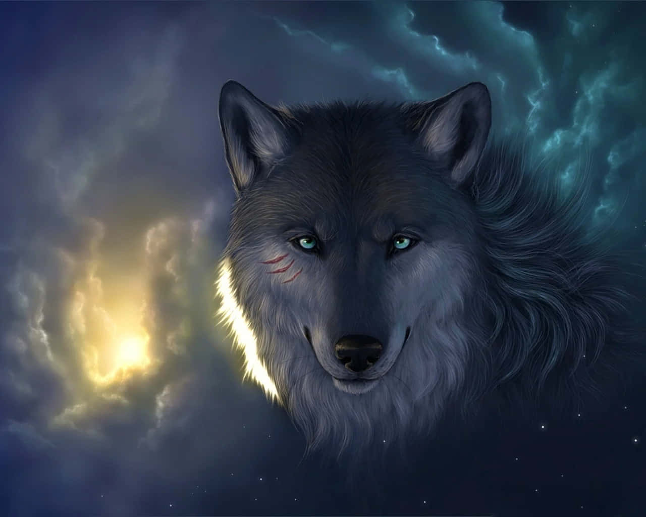 3d Wolf 桌布 壁紙 — 一隻雄偉的灰狼，擁有發光的綠色眼睛，凝視著佈滿電光藍色和金色光芒的戲劇性暮色天空。