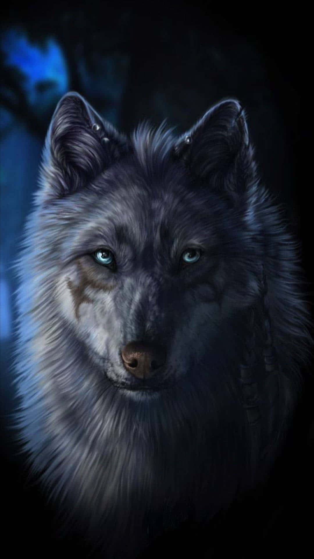 Wolf Aesthetic 桌布 壁紙 — 一隻雄偉的灰狼，有著銳利的藍色眼睛，在黑暗森林背景下，被冷藍光照亮，凝視著。