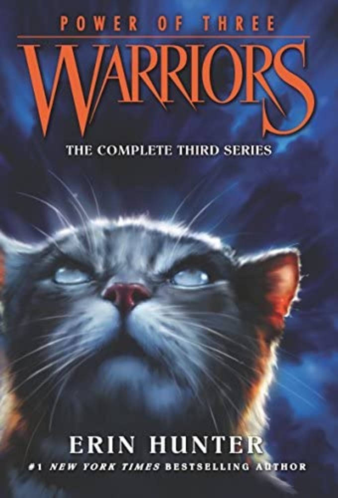 Warrior Cats 桌布 壁紙 — 一隻雄偉的灰色貓咪，擁有發光的藍色眼睛，在黑暗暴風雨的天空中向上凝視，帶有火熱的橙色文字。
