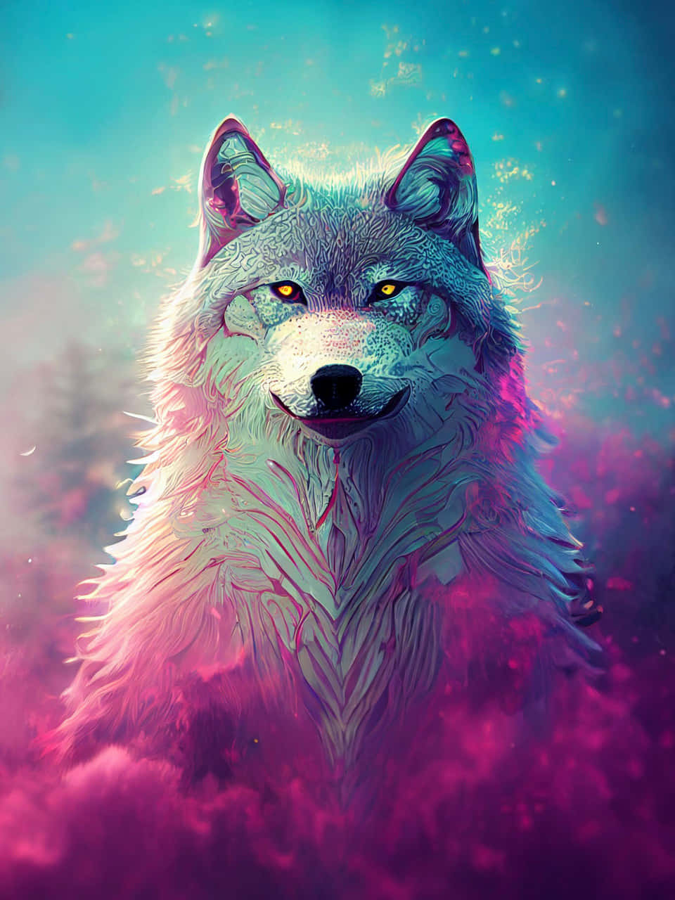 Pink Wolf 桌布 壁紙 — 一隻雄偉的狼，擁有發光的琥珀色眼睛，在藍綠色和洋紅色宇宙粒子的超現實背景下向前凝視。