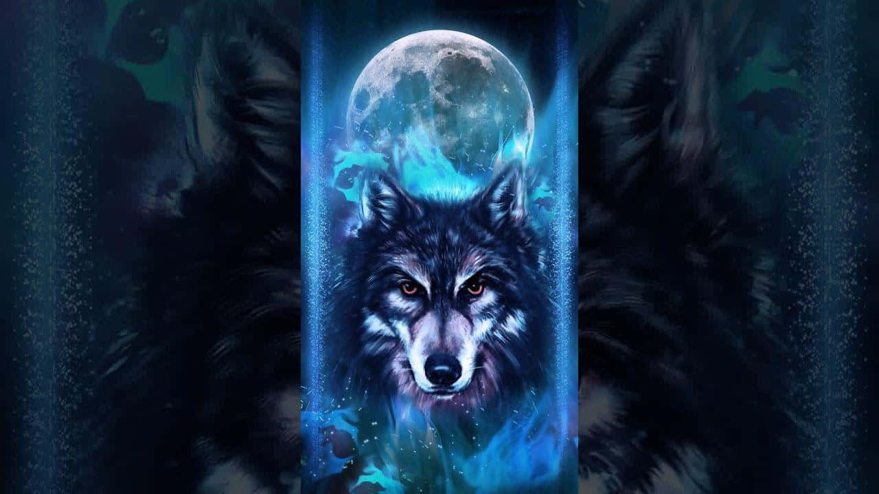 狼 桌布 壁紙 — 一隻雄偉的狼，擁有發光的琥珀色眼睛，在明亮的滿月下向前凝視，周圍環繞著電藍色的能量。