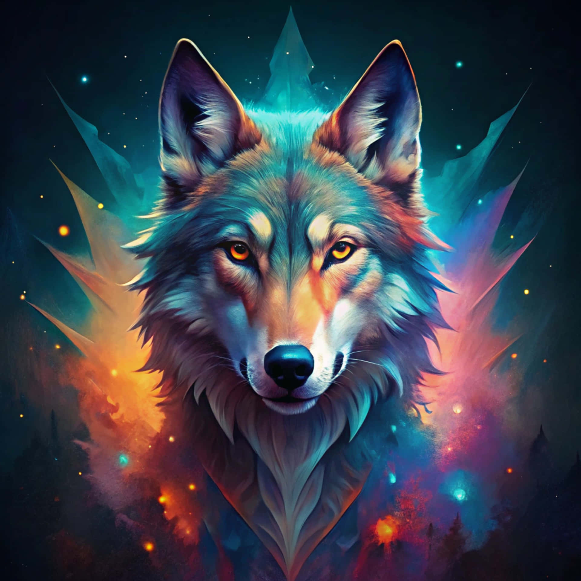 Wolf 壁紙 — 一隻雄偉的狼，擁有發光的琥珀色眼睛，在電光藍、橙和紫色的宇宙星雲背景下向前凝視。