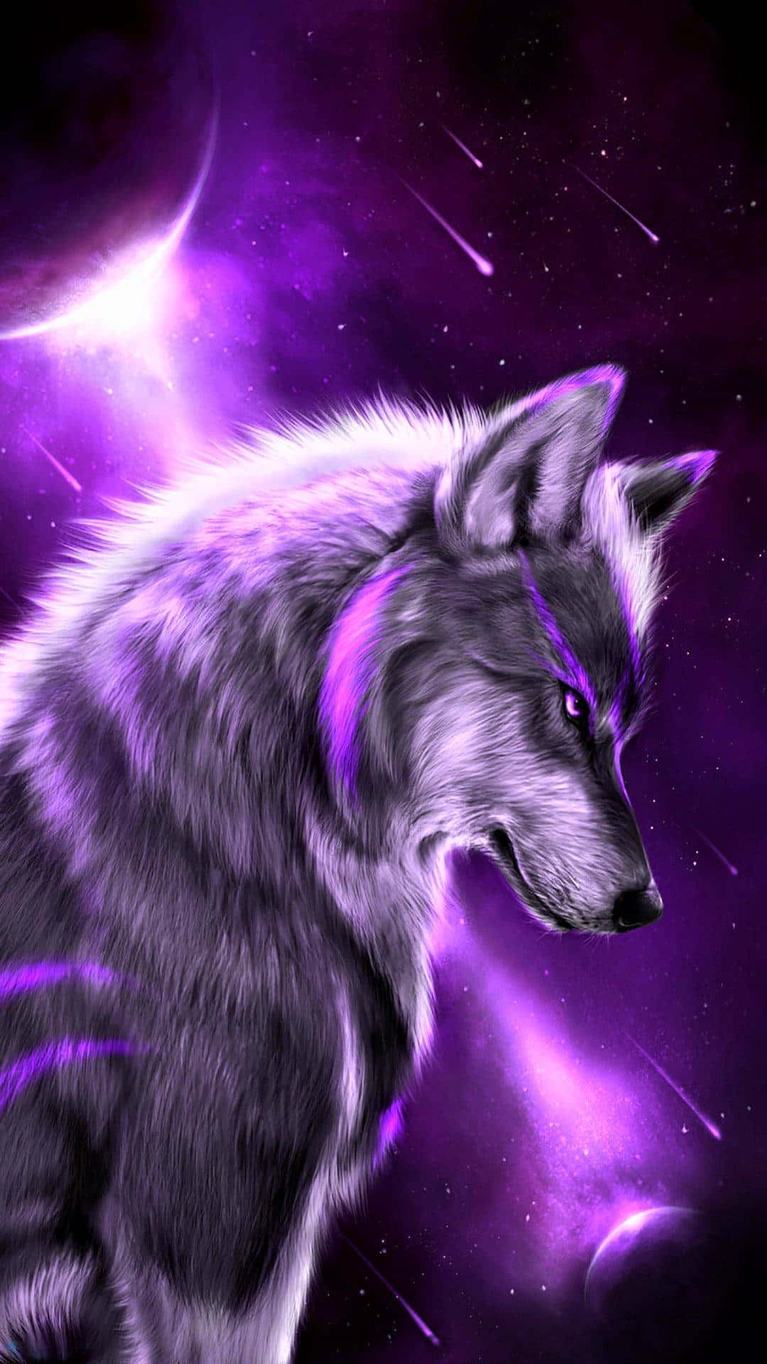 Wolf iPhone 桌布 壁紙 — 一隻雄偉的狼，擁有發光的紫色毛皮，站在充滿流星和閃耀天體的宇宙星雲中。