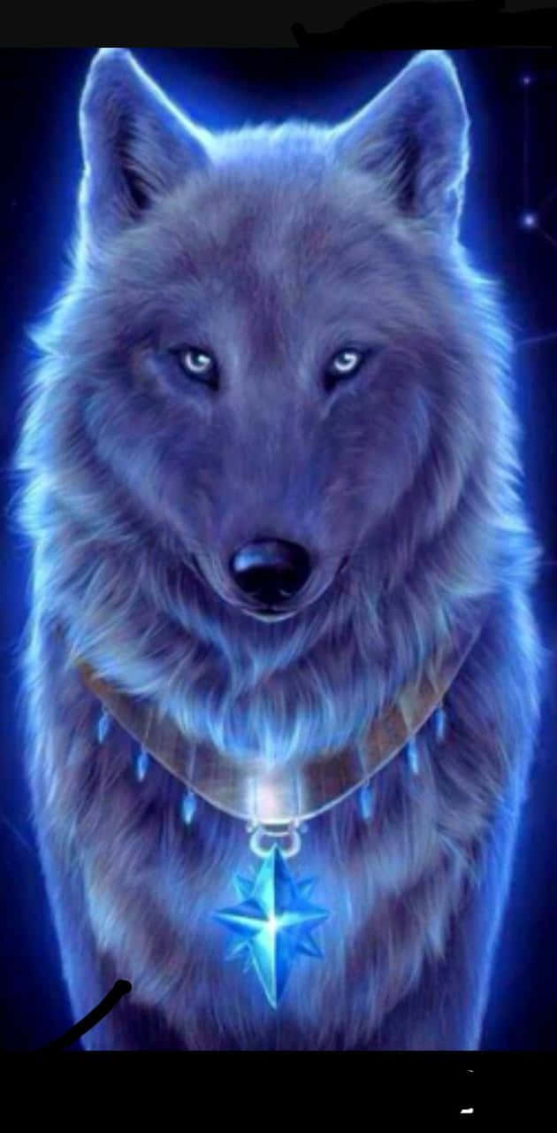 Cool Blue Wolf 桌布 壁紙 — 一隻雄偉的狼，擁有發光的藍色眼睛和毛皮，站在繁星點點的夜空下，戴著一個帶有閃耀星形吊墜的項圈。