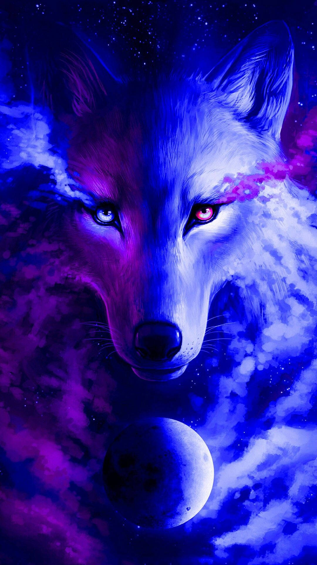 在滿月的宇宙星雲中，眼睛發光的狼。