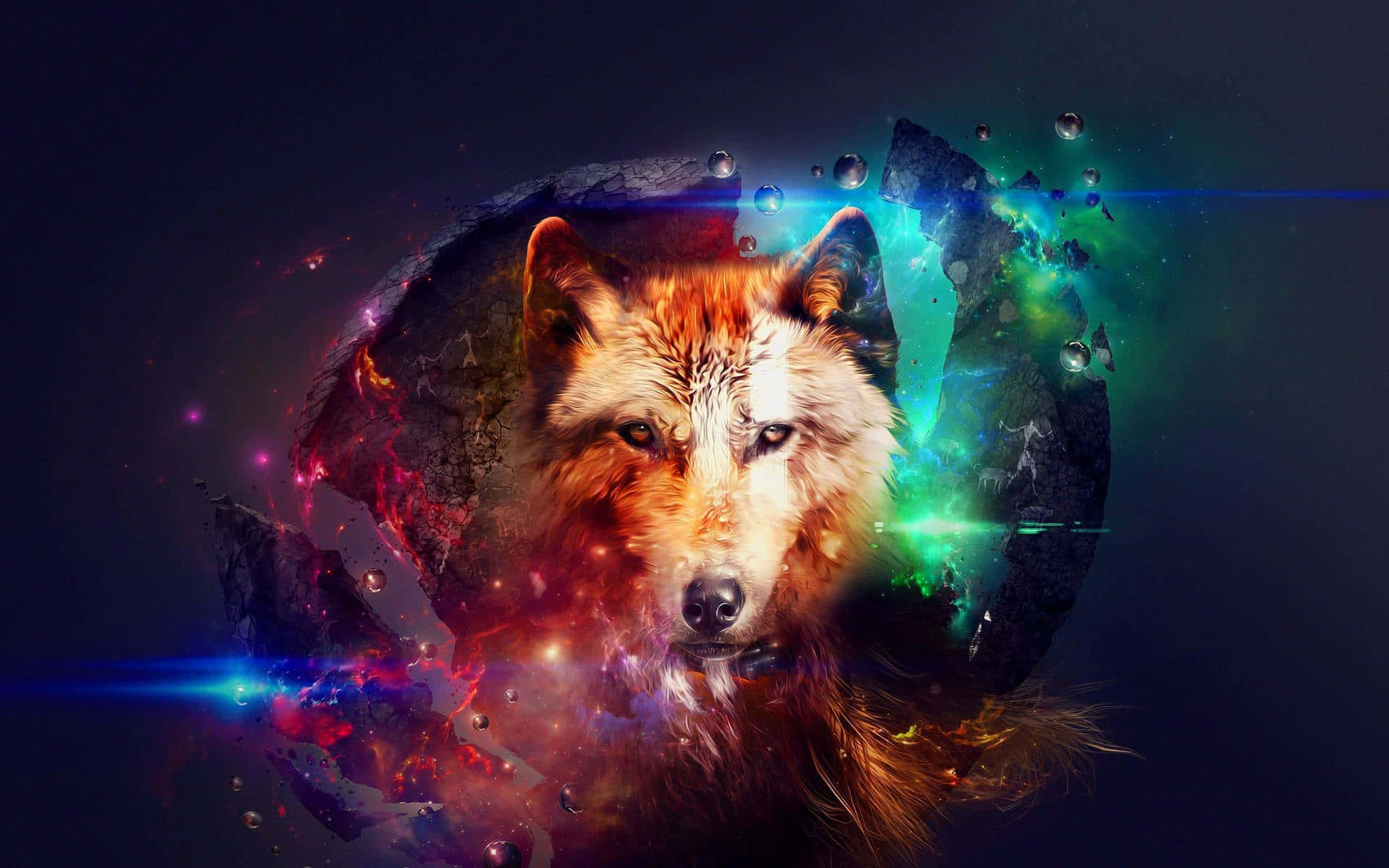 狼 桌布 壁紙 — 一隻雄偉的狼的臉從宇宙星雲中浮現，充滿活力的紅色、綠色和藍色能量在其毛髮周圍旋轉。