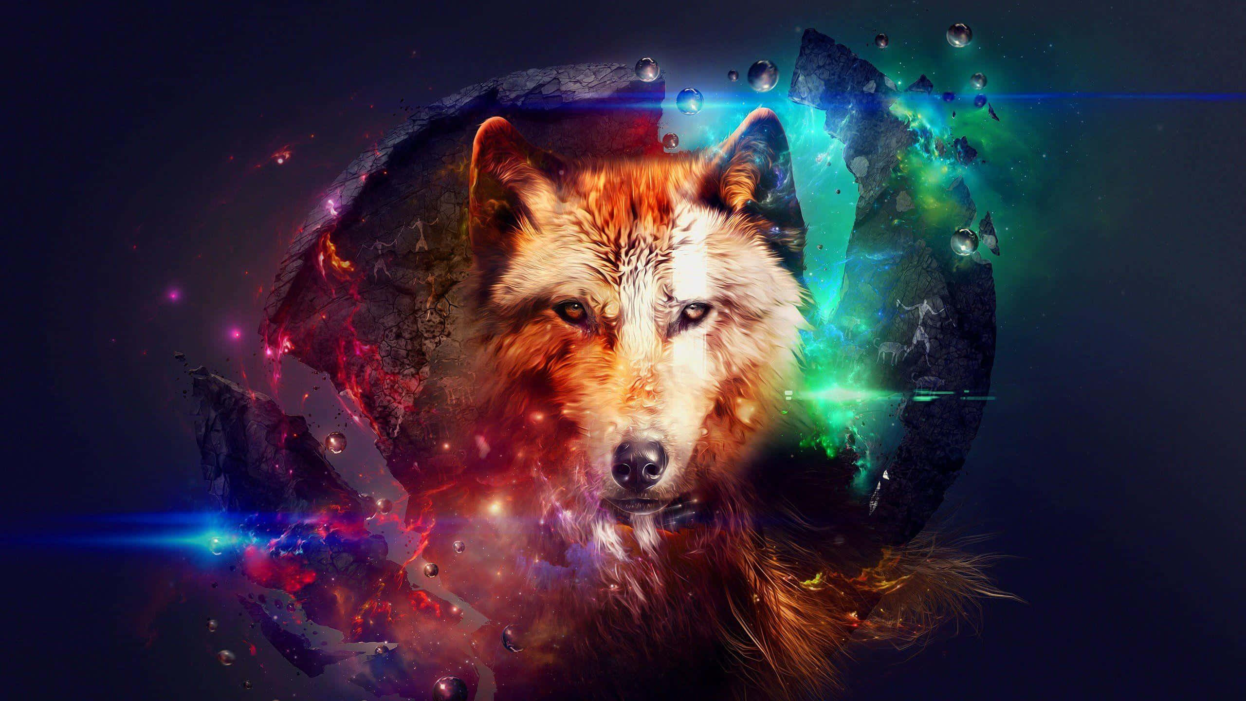 3d Wolf 桌布 壁紙 — 一隻雄偉的狼臉從宇宙星雲中浮現，其毛皮周圍環繞著充滿活力的紅、綠、藍色能量。