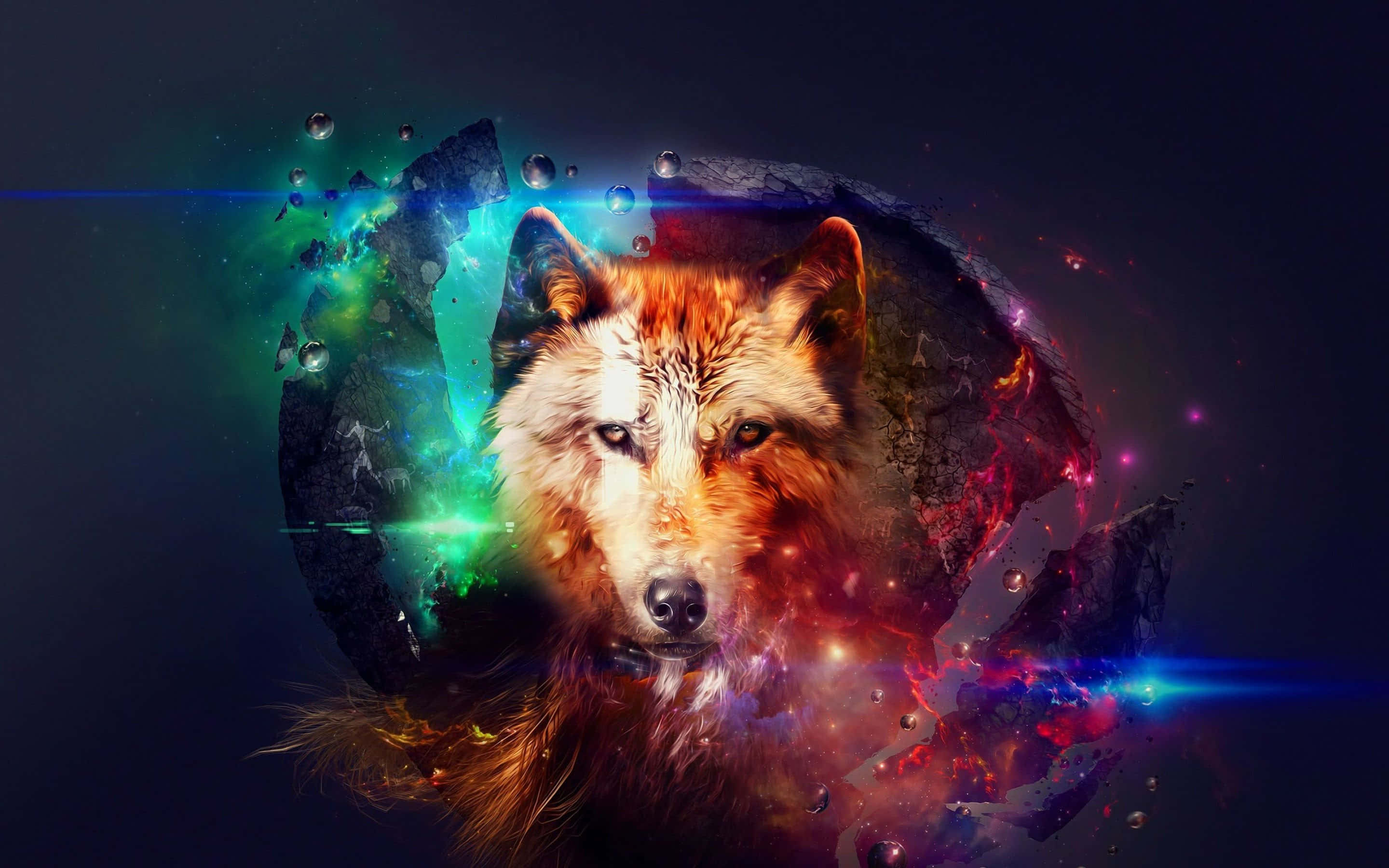 動物 桌布 壁紙 — 一隻雄偉的狼臉從宇宙星雲中浮現，發光的綠色和紅色能量粒子在其皮毛周圍旋轉。