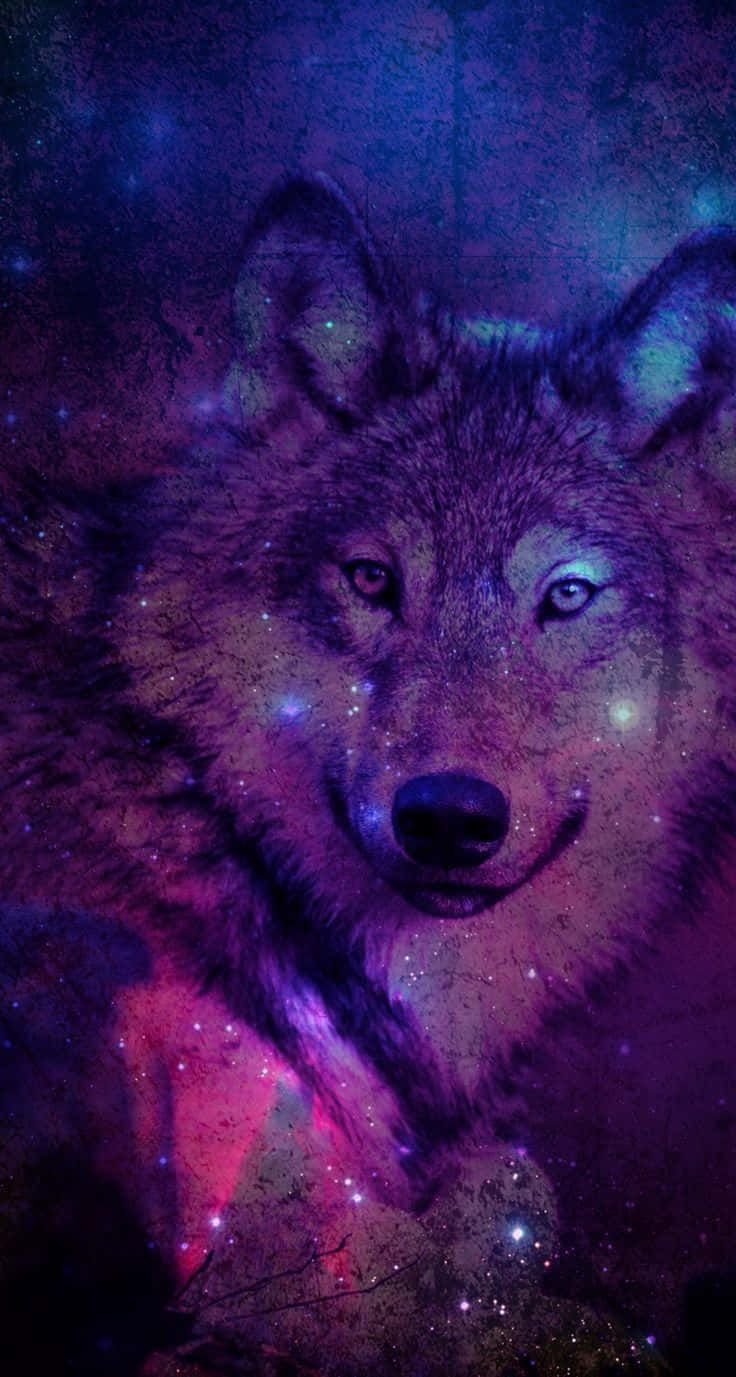 Galaxy Wolves 桌布 壁紙 — 一隻雄偉的狼臉從散發著紫色、粉紅色和藍色星光的宇宙星雲中浮現。
