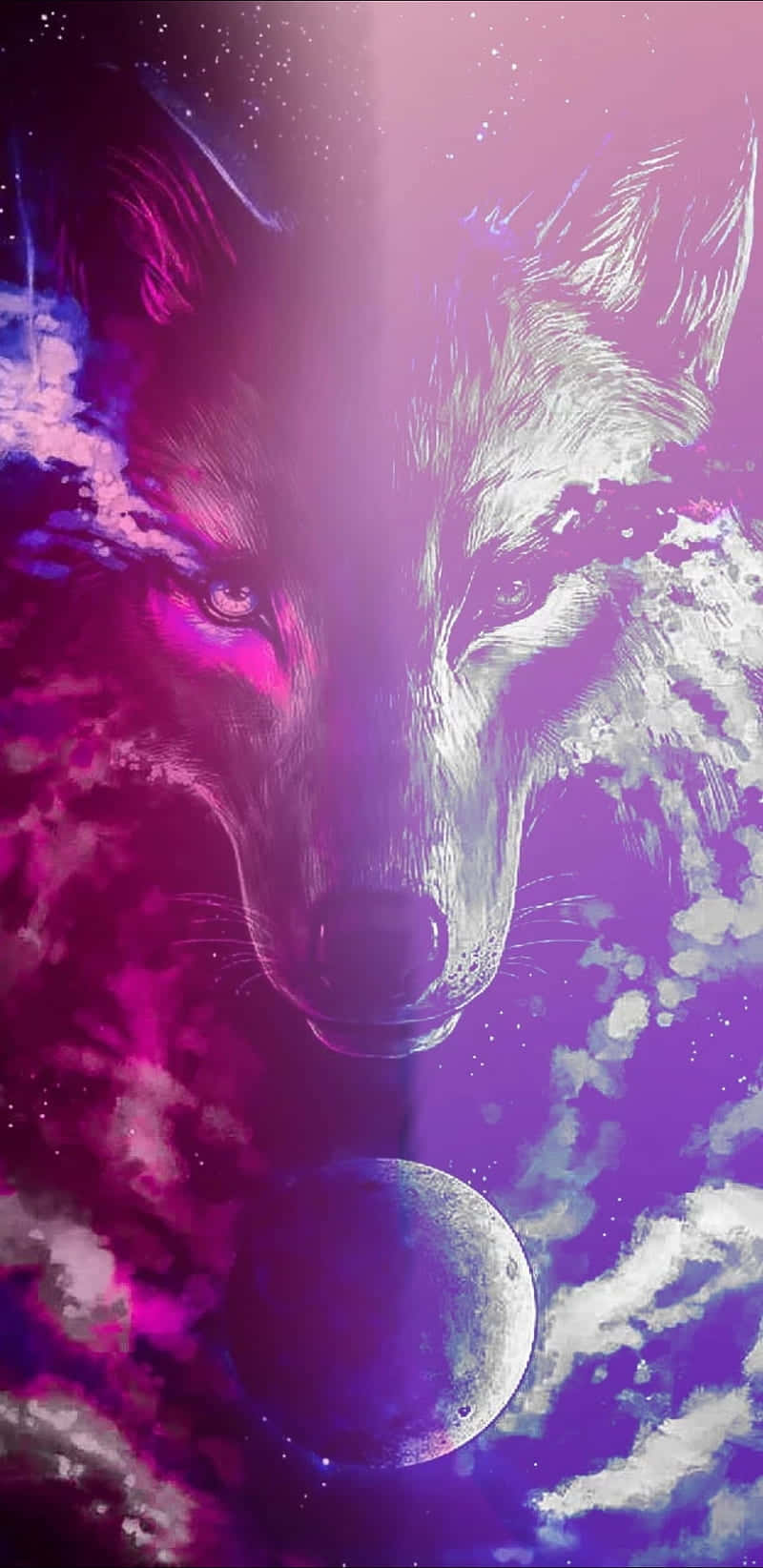 Pink Wolf 桌布 壁紙 — 一隻雄偉的狼臉直視前方，背景是紫色星雲和發光的月亮的宇宙場景。