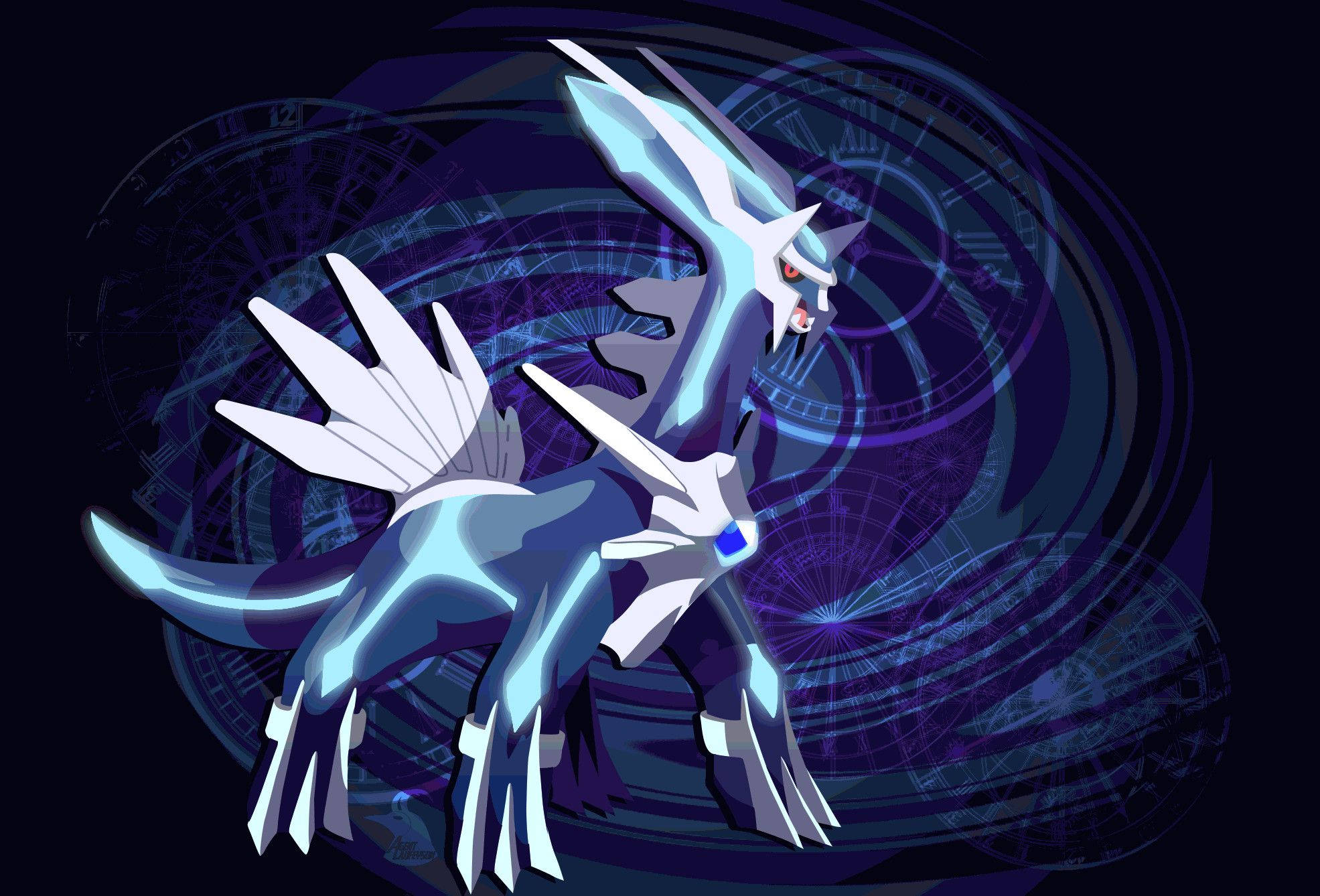 Dialga 桌布 壁紙 — 一隻雄偉的發光藍白龍，擁有鋒利的翅膀和紅色眼睛，站在旋轉的深紫色宇宙背景前。