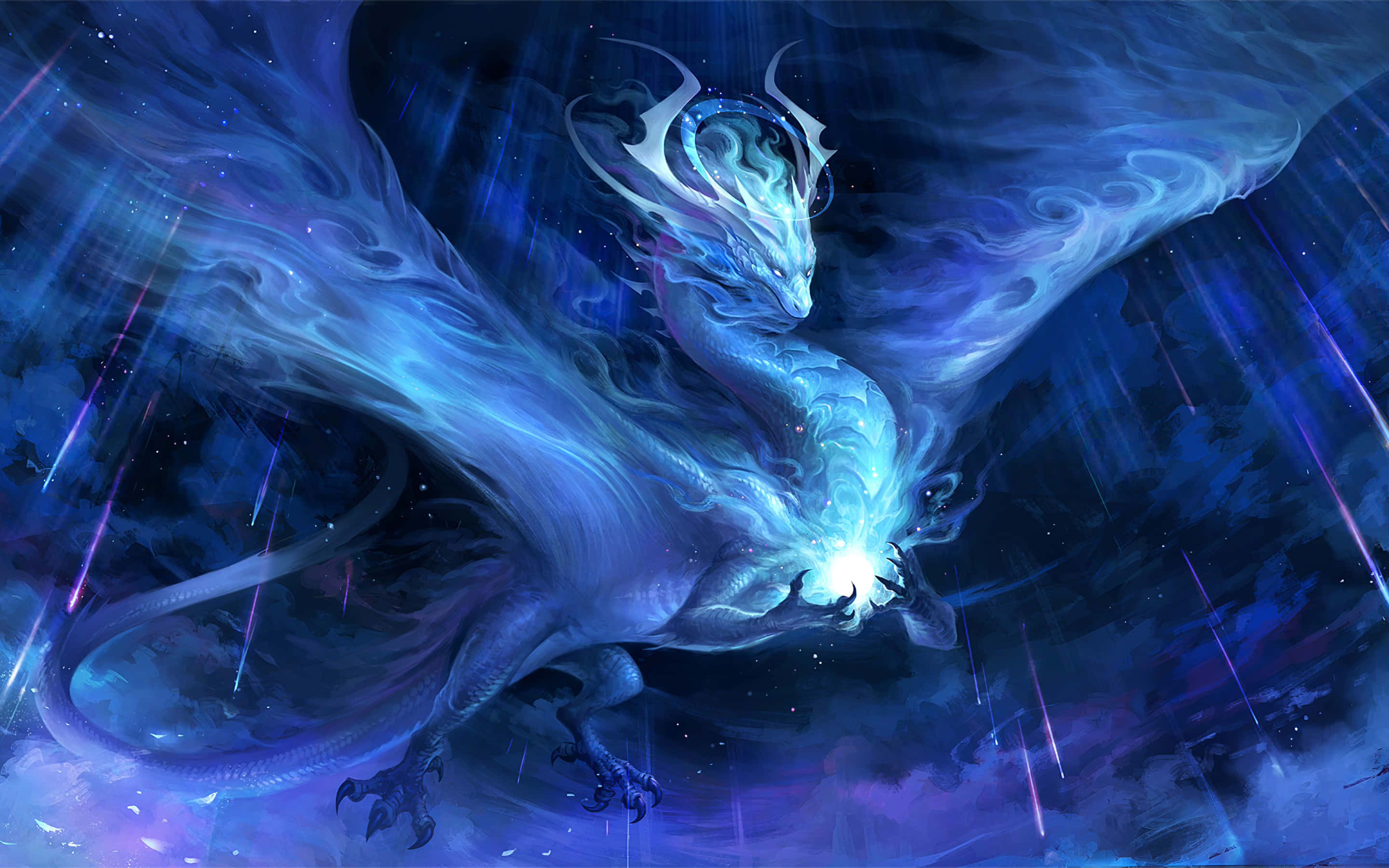 Mystical Dragon 桌布 壁紙 — 一隻雄偉的發光藍龍，帶著光芒四射的翅膀和發光核心，翱翔於宇宙風暴中。
