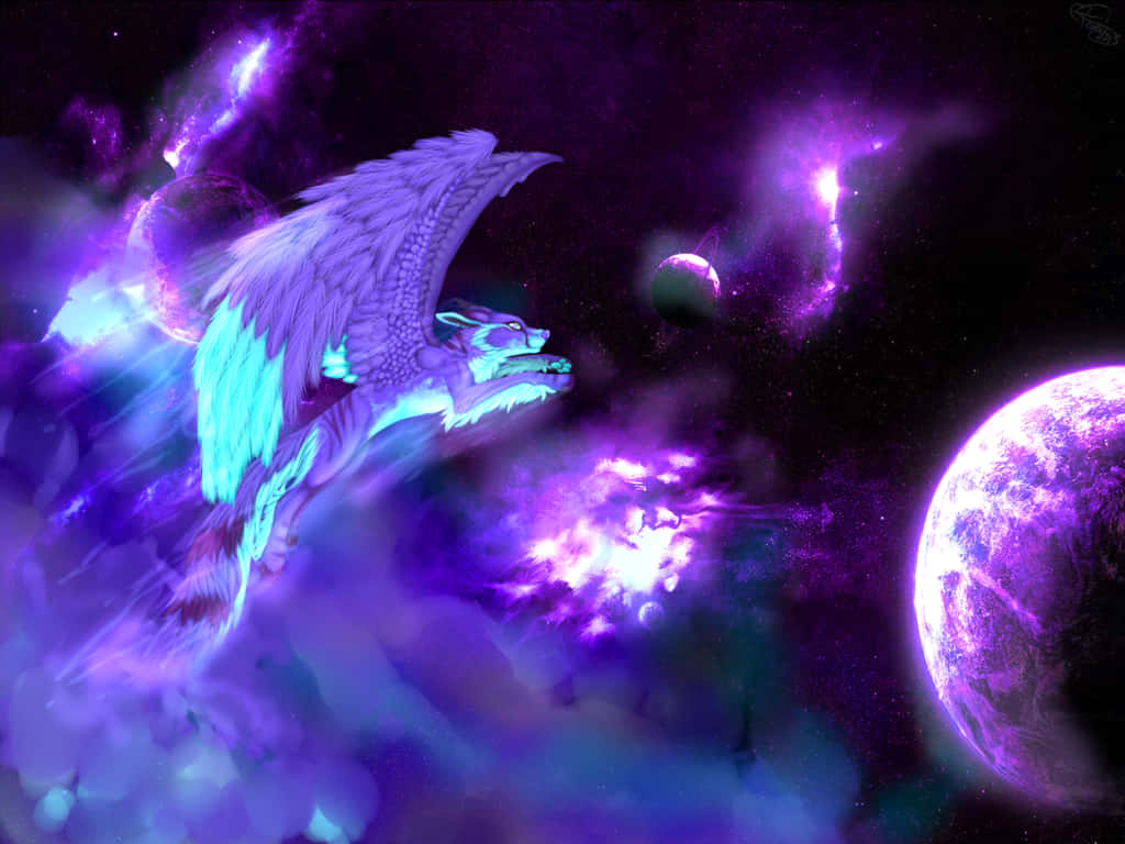 Galaxy Wolves 桌布 壁紙 — 一隻雄偉的發光龍在充滿活力的紫色星雲中翱翔，伴隨著發光的行星和宇宙能量痕跡。