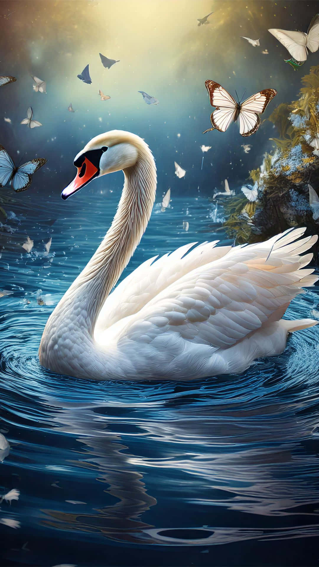 Swan 4K 壁紙 — 一隻雄偉的白天鵝在深藍色的水中滑行，蝴蝶在閃爍的金色天空中飛舞。