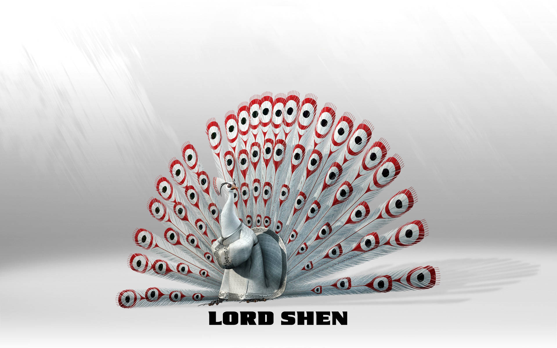 筆電 桌布 壁紙 — 一隻雄偉的白孔雀，帶有紅色和黑色眼狀羽毛，在柔和的灰色漸變背景上展開尾巴。